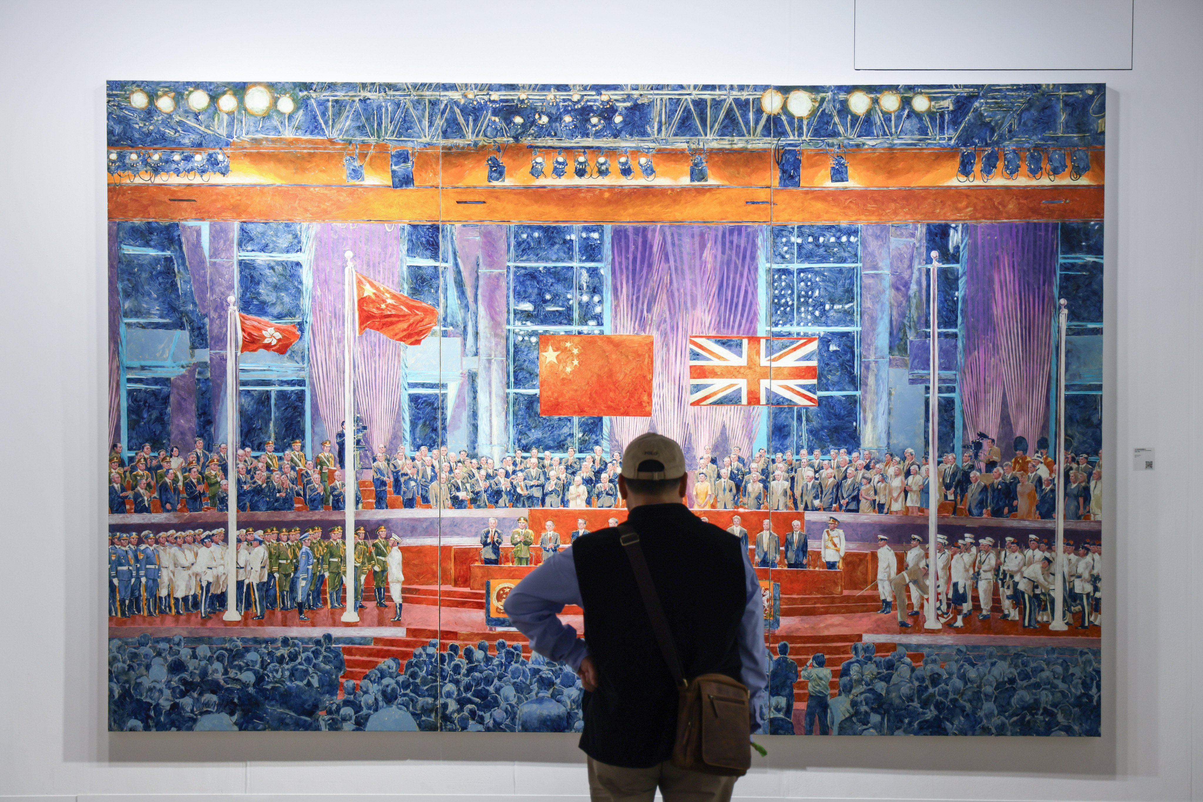 A painting by artist Chow Chun-fai depicting the scene of the handover in 1997 is seen at Art Basel Hong Kong 2025, at the Convention and Exhibition Centre in Wan Chai, on March 26. Photo: Eugene Lee