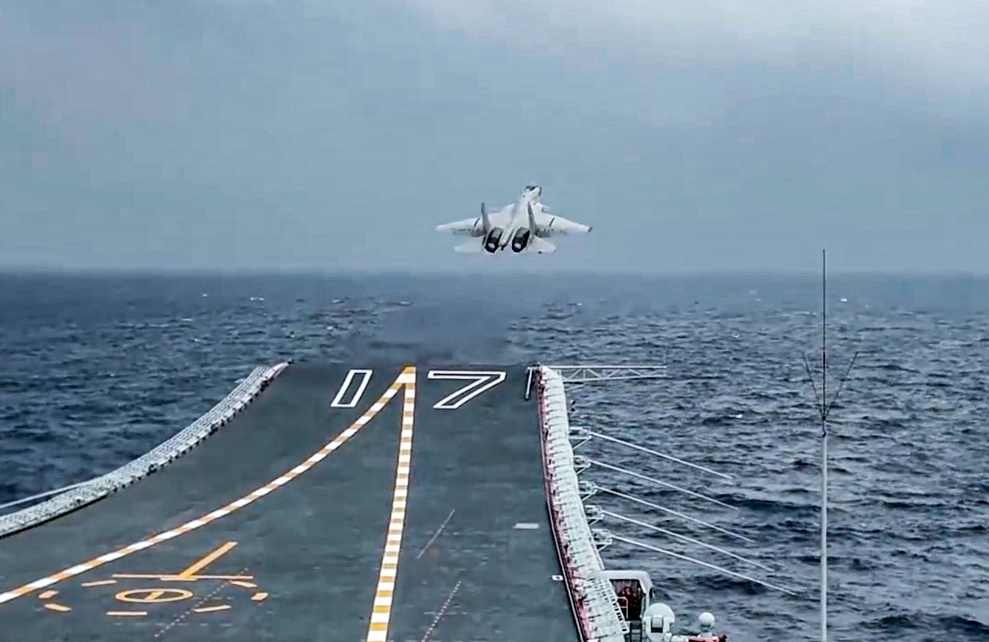 A People’s Liberation Army jet takes off from the Shandong aircraft carrier east of Taiwan on April 2, 2025. Photo: CCTV
