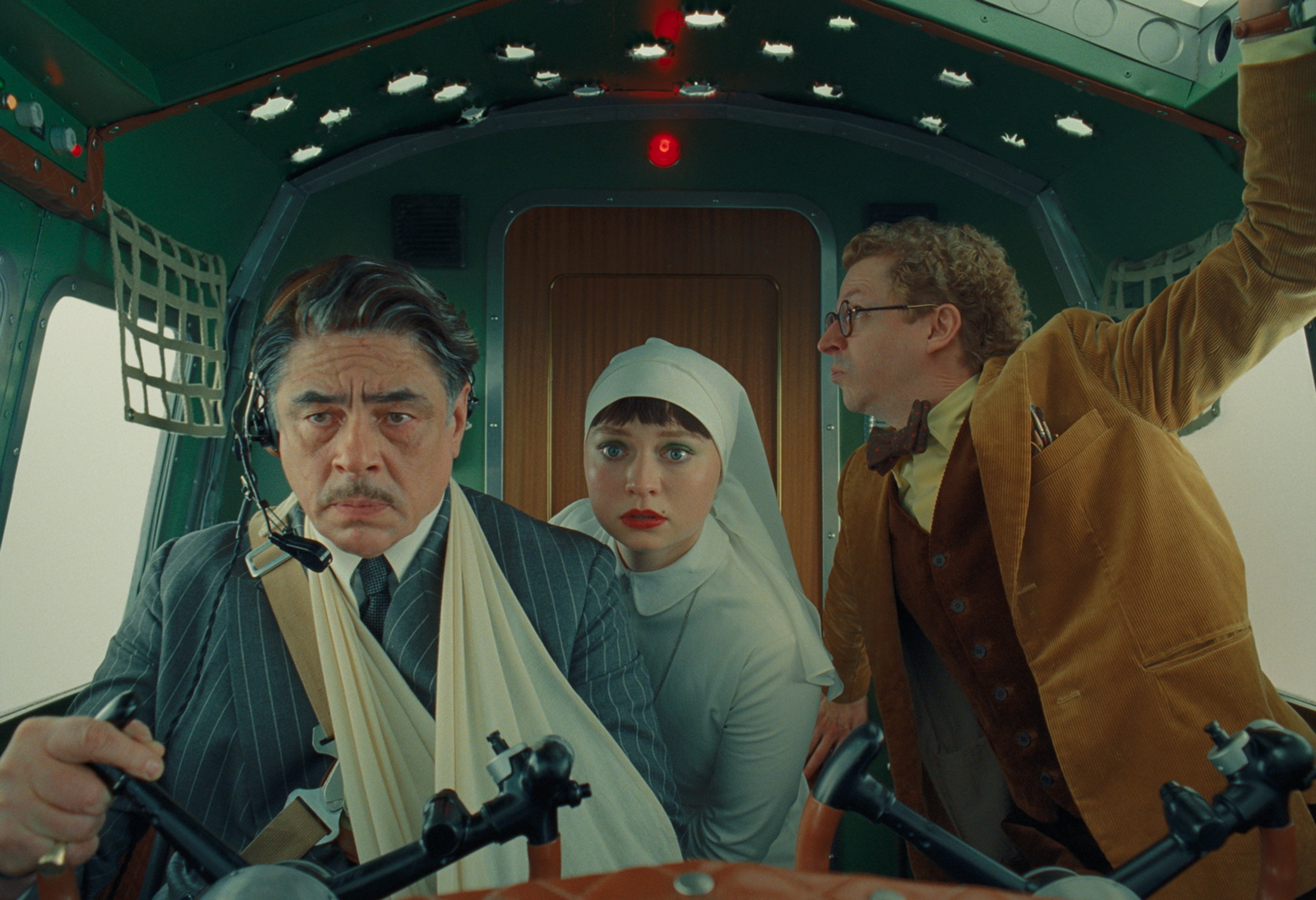 Benicio Del Toro (left) as Zsa-Zsa Korda, Michael Cera as Bjorn and Mia Threapleton as Liesl in a still from The Phoenician Scheme, directed by Wes Anderson. Photo: TPS Productions/Focus Features
