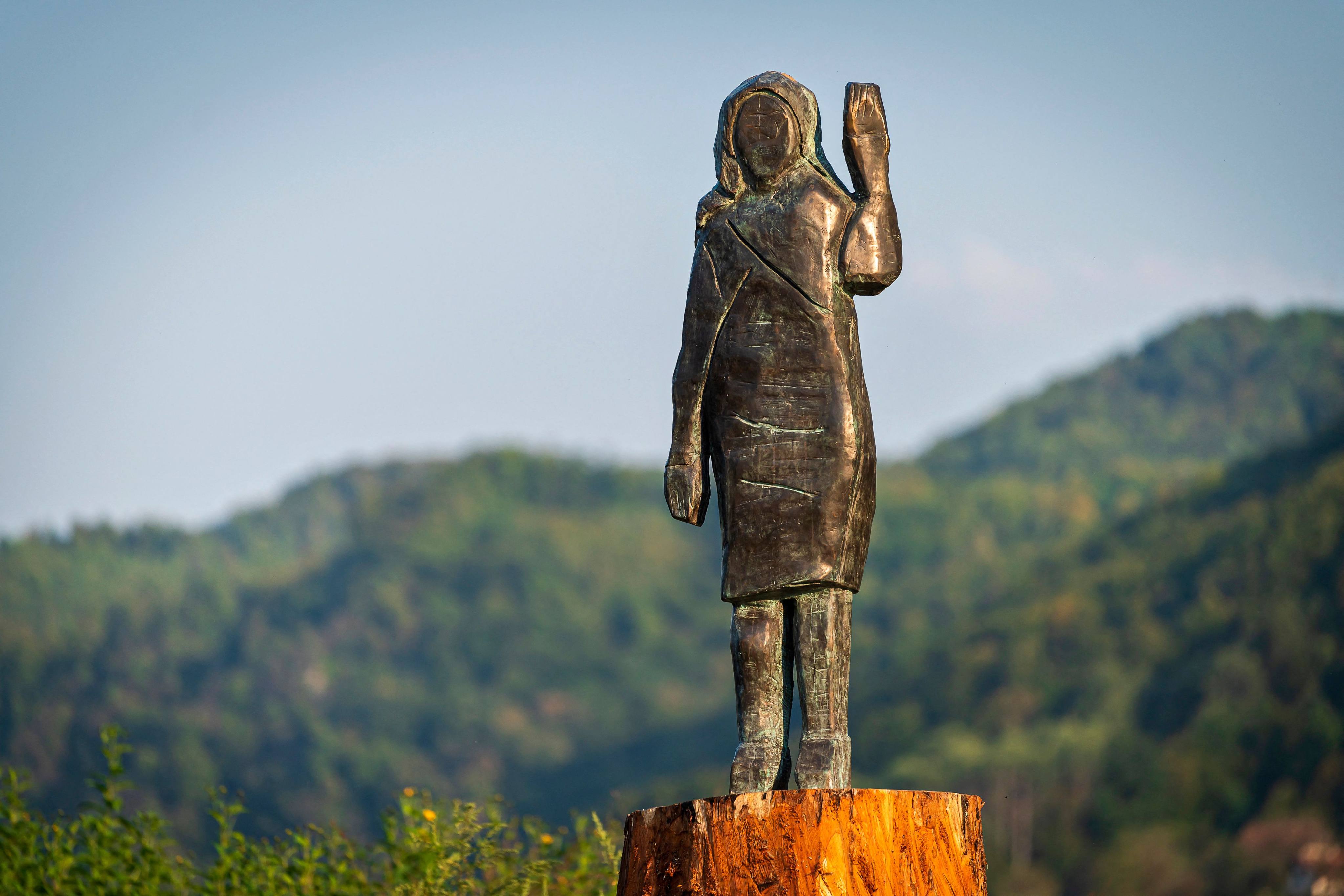 A bronze replica depicting US first lady Melania Trump, made by US artist Brad Downey, is seen after its unveiling in a field near Sevnica in September 2020. Photo: AFP