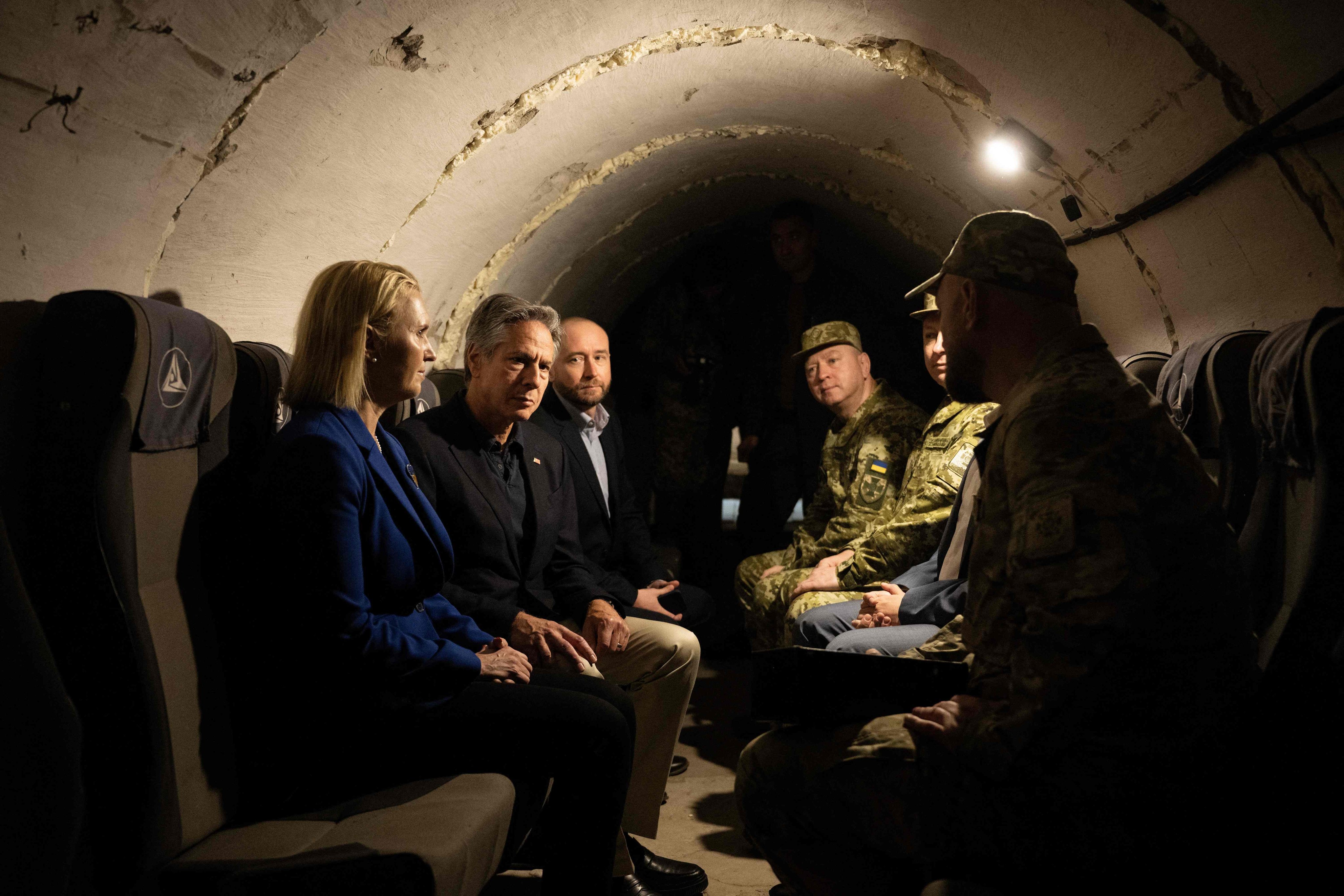 US Ambassador to Ukraine Bridget Brink (left) joins then-US Secretary of State Antony Blinken to tour a bunker at a State Border Guard of Ukraine Detached Commandant Office of Security and Resource Supply site in Kyiv Oblast in September 2023. Photo: AFP