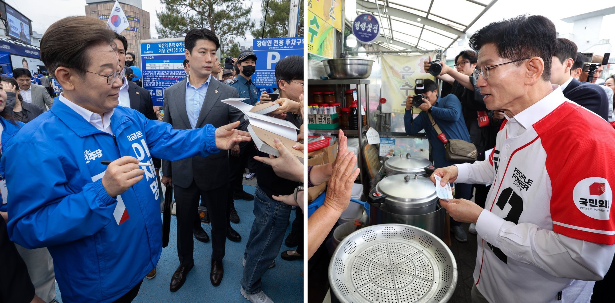 South Korea’s presidential candidates Lee Jae-myung (left) of the liberal Democratic Party and Kim Moon-soo of the conservative People Power Party make campaign stops on Friday. Photo: EPA-EFE/Yonhap South Korea’s presidential candidates Lee Jae-myung (left) of the liberal Democratic Party and Kim Moon-soo of the conservative People Power Party make campaign stops on Friday. Photo: EPA-EFE/Yonhap