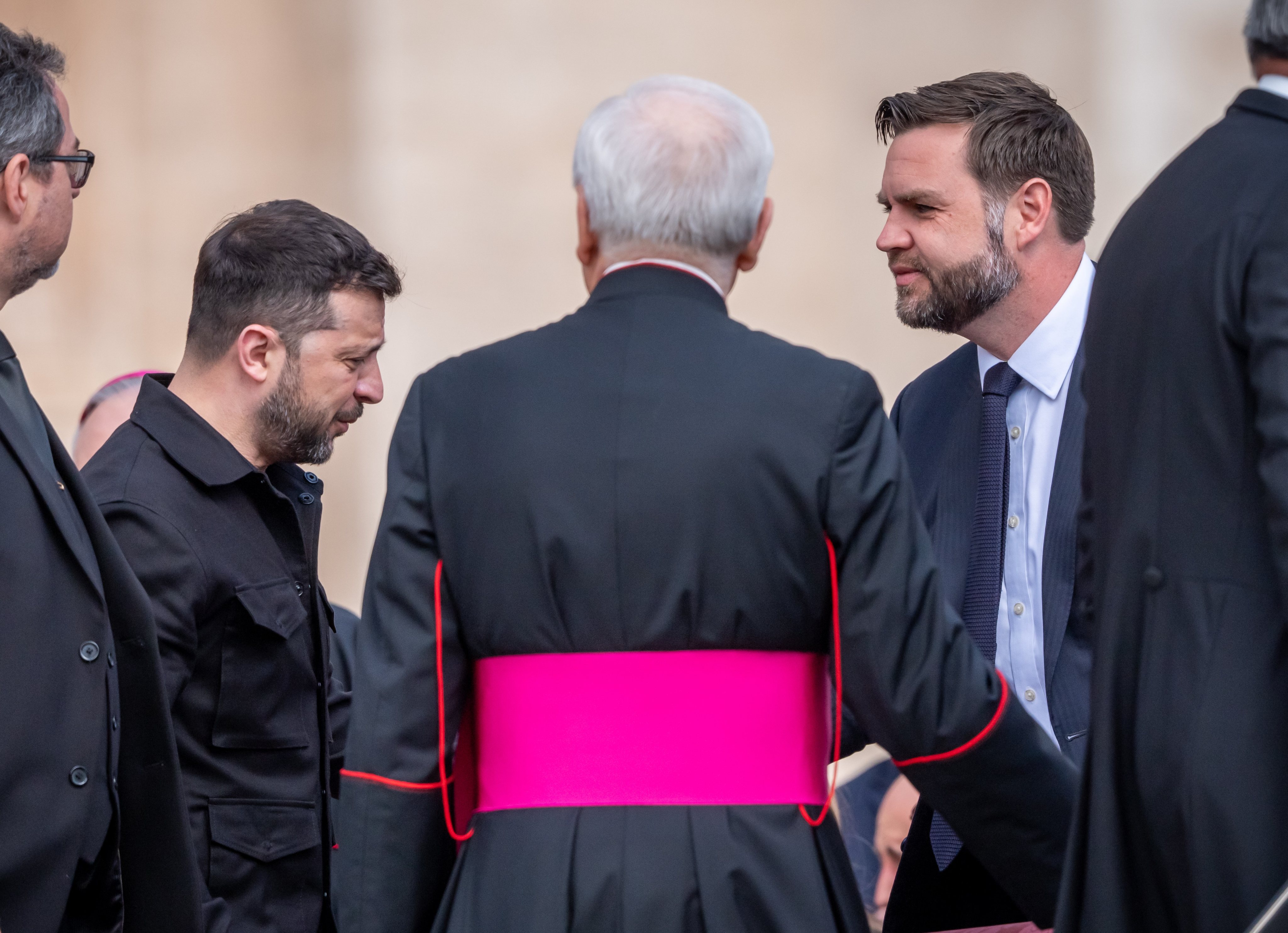 US Vice President JD Vance and Ukraine’s President Volodymyr Zelensky arrive to the inaugural mass of the Pope Leo XIV at St. Peter’s Square in Vatican City on Sunday. Photo: dpa