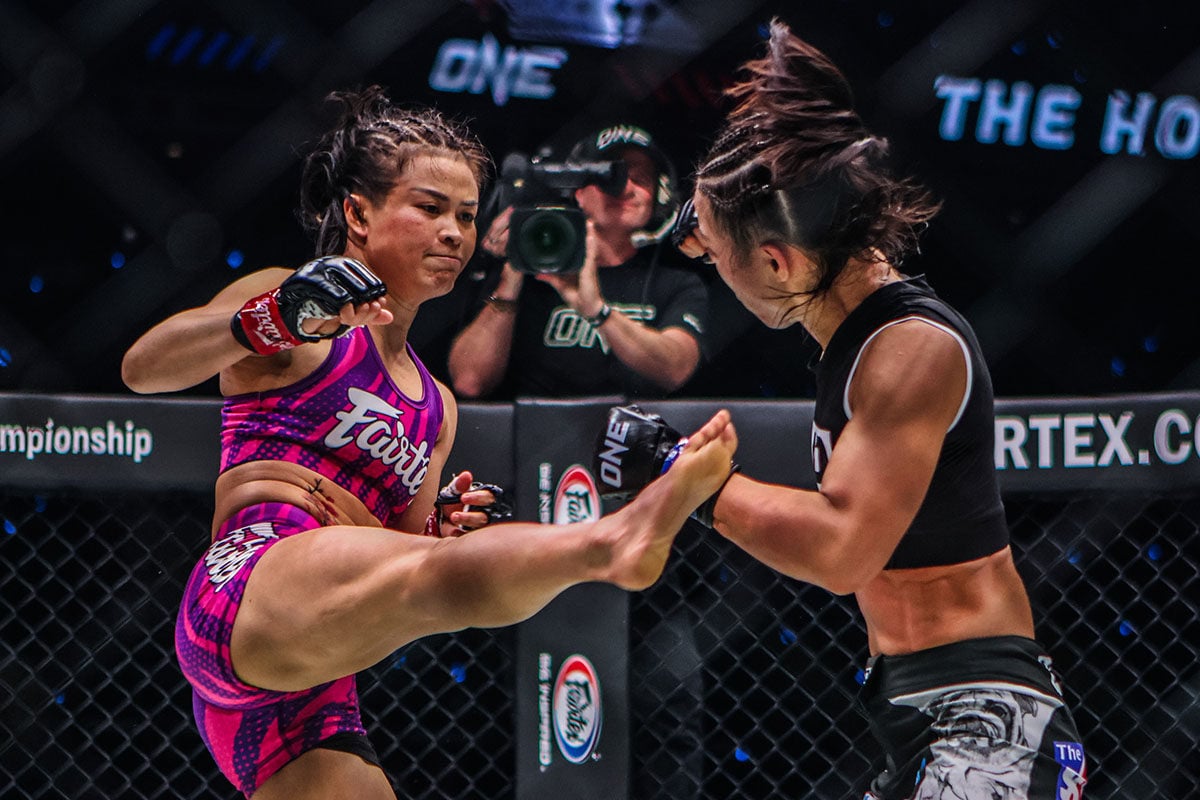 Stamp Fairtex, seen here fighting Ham Seo-hee in 2023, is out of ONE 173 in August after an injury during rehab following knee surgery. Photo: ONE Championship