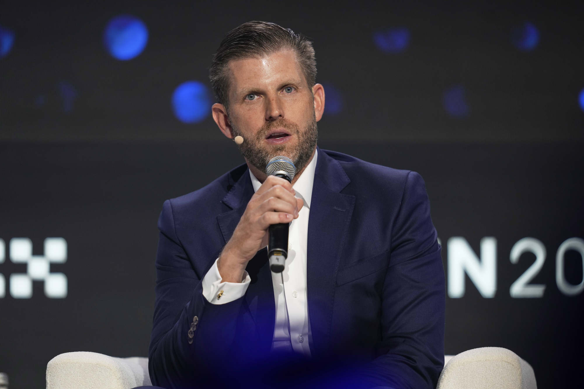 Eric Trump, Executive vice-president of The Trump Organization, speaks during Token 2049, a Crypto event, in Dubai, United Arab Emirates, on May 1. Photo: AP Eric Trump, Executive vice-president of The Trump Organization, speaks during Token 2049, a Crypto event, in Dubai, United Arab Emirates, on May 1. Photo: AP