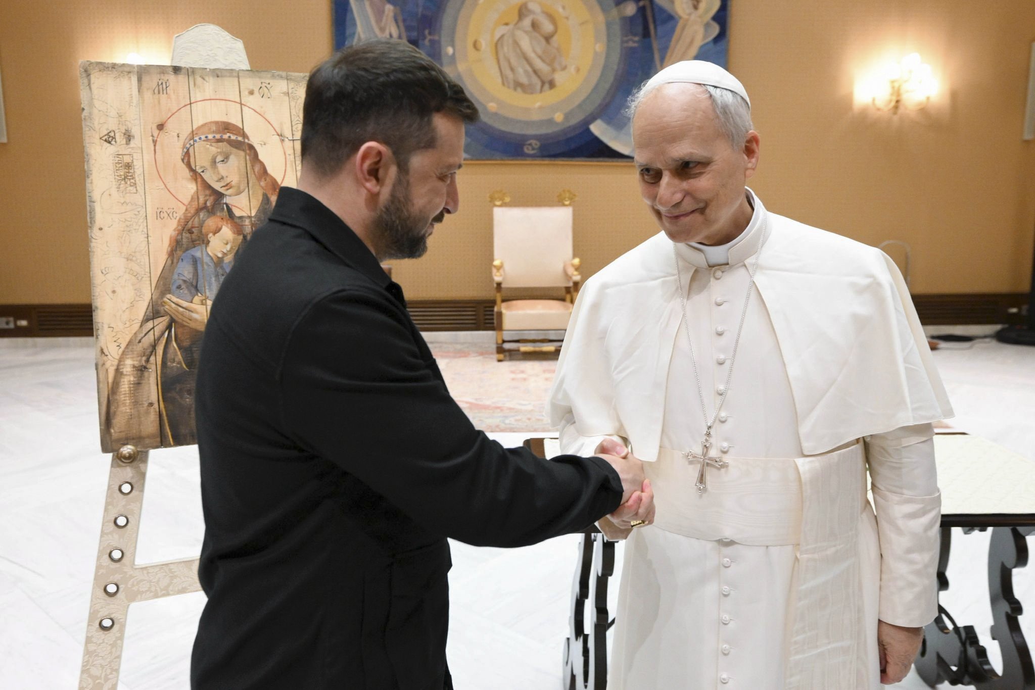 Pope Leo, right, and Ukraine’s President Volodymyr Zelensky at St Peter’s Basilica in Vatican City on Sunday. Photo: Presidential Press Service / Handout / EPA-EFE