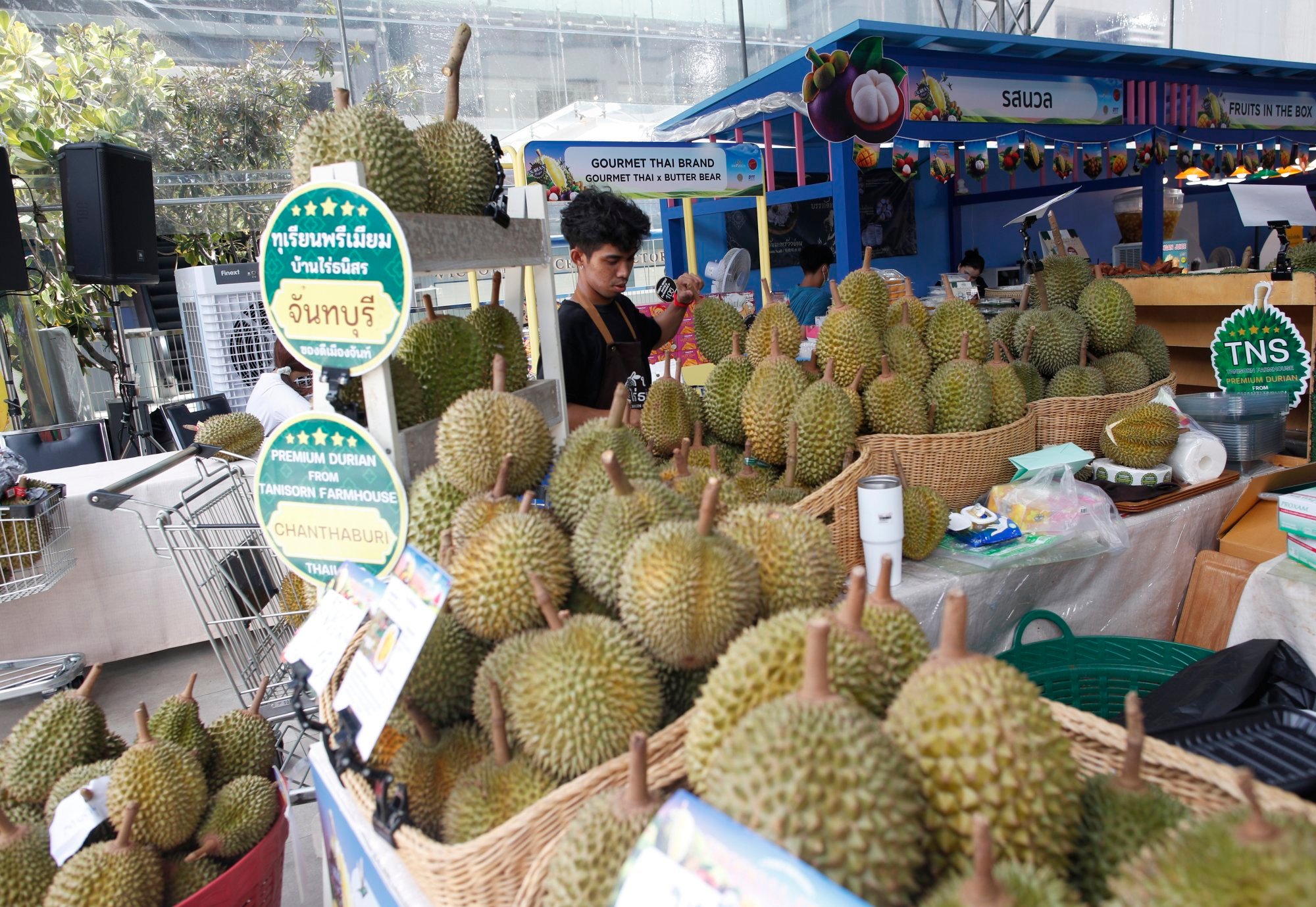 A vendor prepares durian at a fruit fair in Bangkok, Thailand, on May 5 amid a contraction in tourism from mainland China, Hong Kong and South Korea. Photo: EPA-EFE A vendor prepares durian at a fruit fair in Bangkok, Thailand, on May 5 amid a contraction in tourism from mainland China, Hong Kong and South Korea. Photo: EPA-EFE