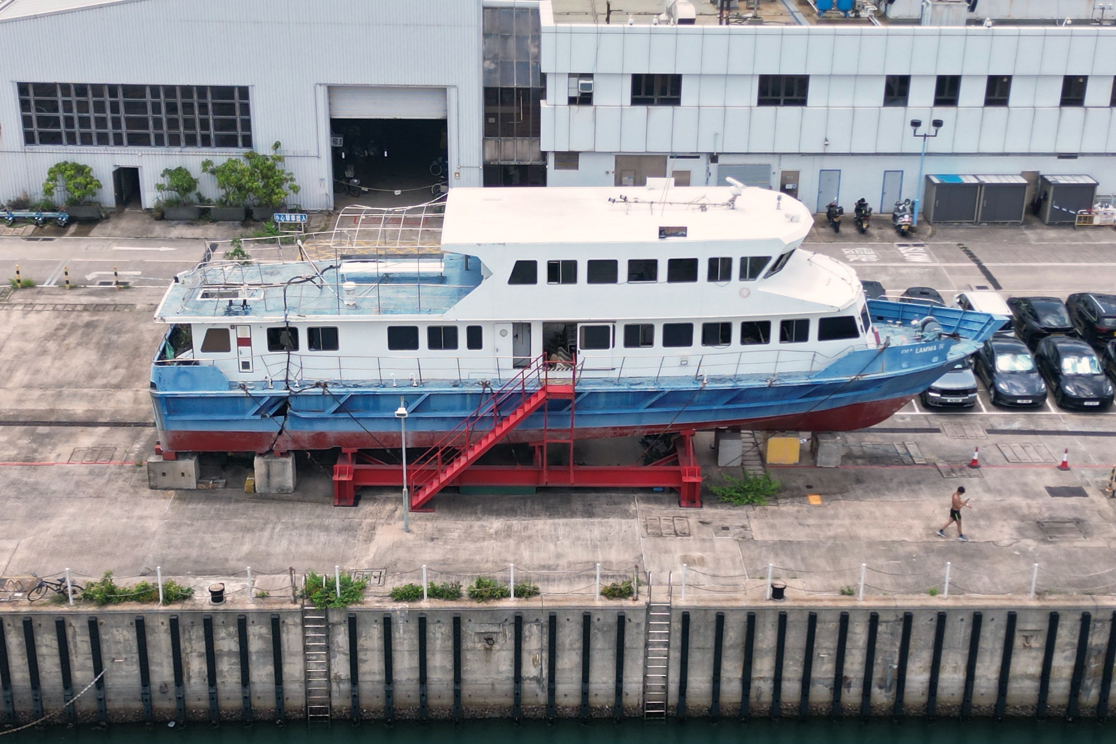 The Lamma IV sits in the grounds of the government dockyard at Stonecutters Island. Photo: Elson Li