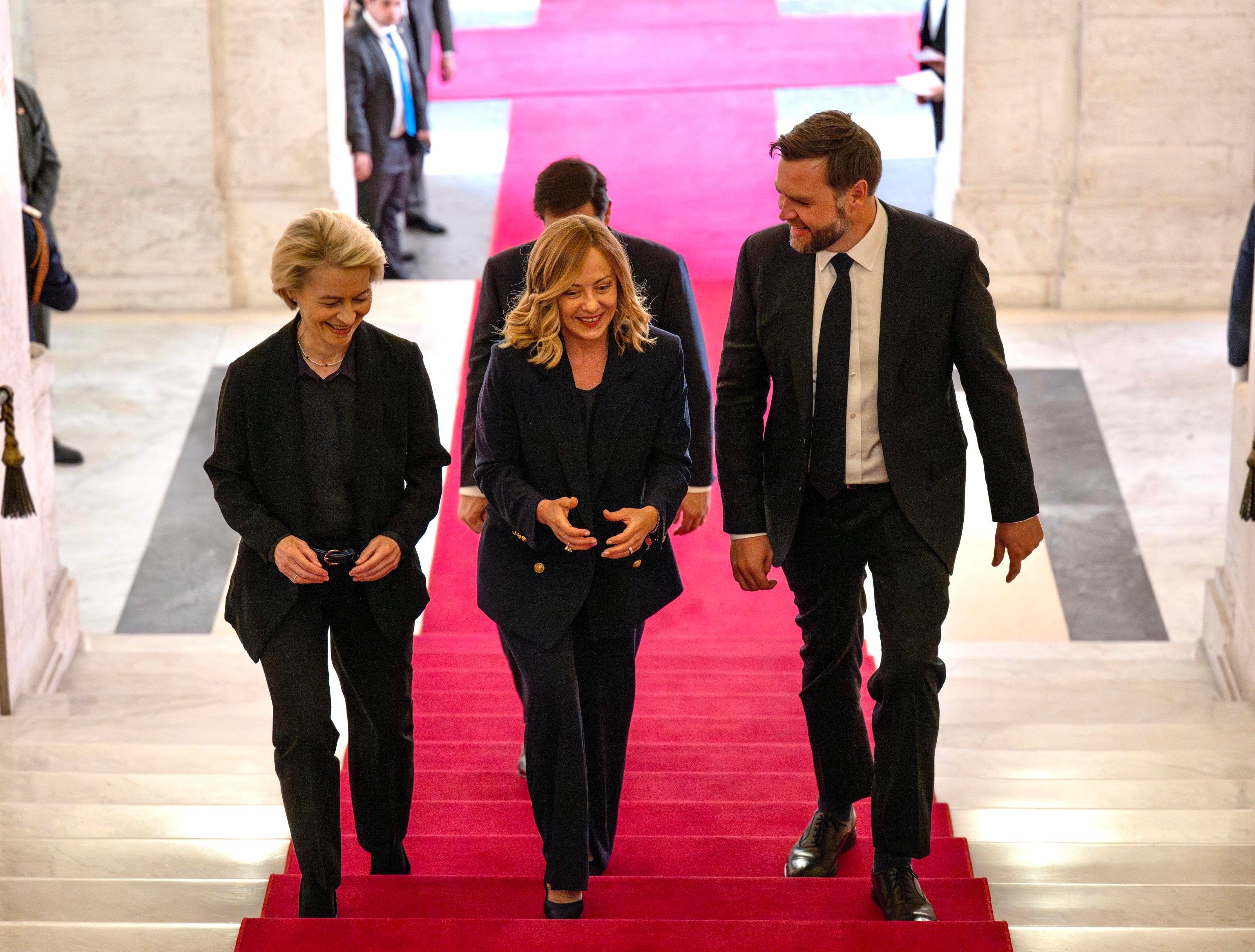 Italy’s Prime Minister Giorgia Meloni, centre, with European Commission President Ursula von der Leyen, left, and US Vice-President J.D. Vance. Photo: Filippo Attili / Chigi Palace Press Office / EPA-EFE  / Handout