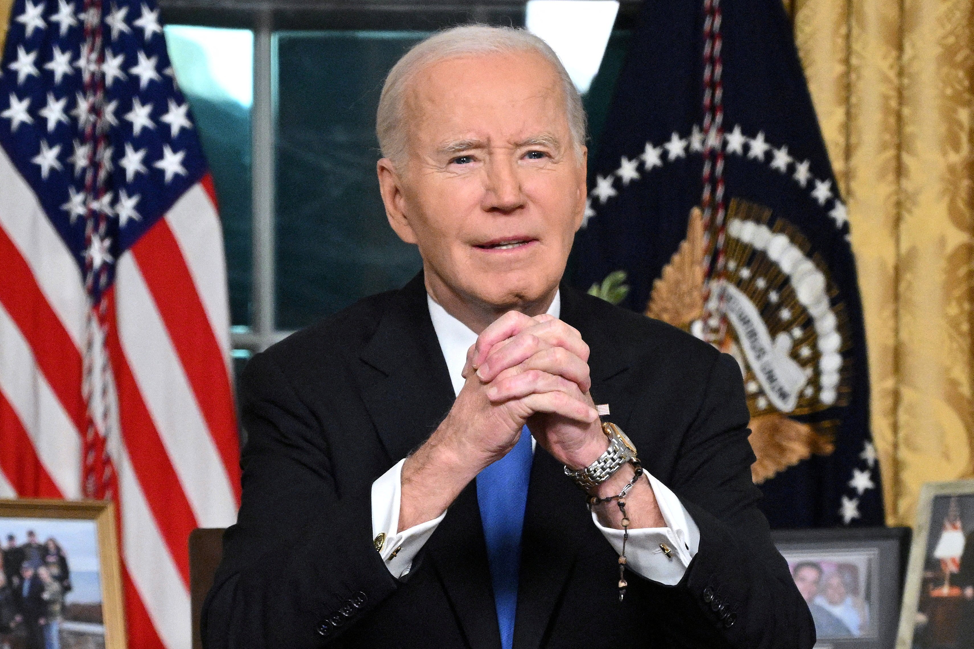 Former US president Joe Biden delivers his farewell address to the nation from the Oval Office in January. Photo: Reuters