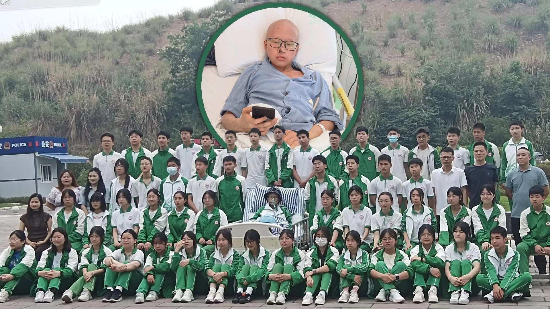 A group of junior secondary school students in China walked two kilometres to visit their gravely ill classmate in hospital and take a group graduation photo with him. Photo: SCMP composite/Douyin