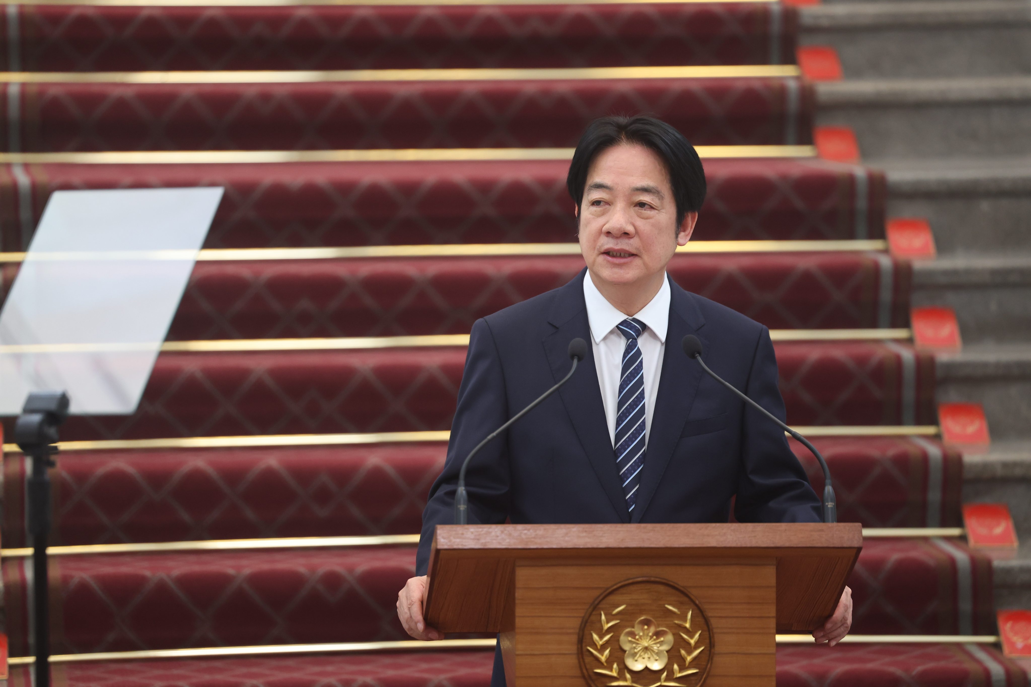 Taiwanese leader William Lai delivers a speech focused on the island’s security while calling for peace and dialogue with Beijing, in Taipei on Tuesday. Photo: CNA