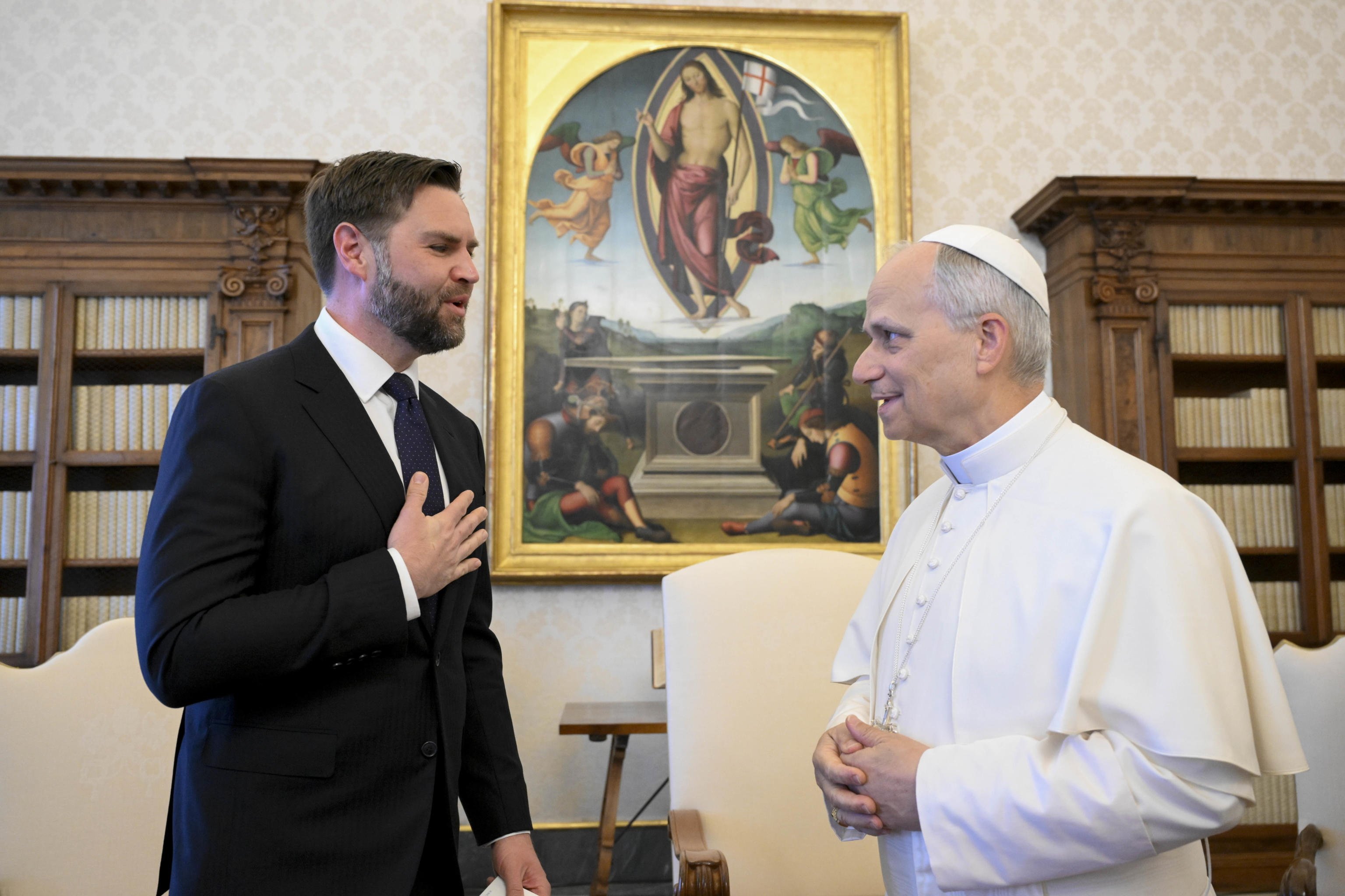 US Vice-President J.D. Vance, left, and Pope Leo XIV during their meeting in the Vatican on Monday. Photo: Vatican Media Handout / EPA-EFE