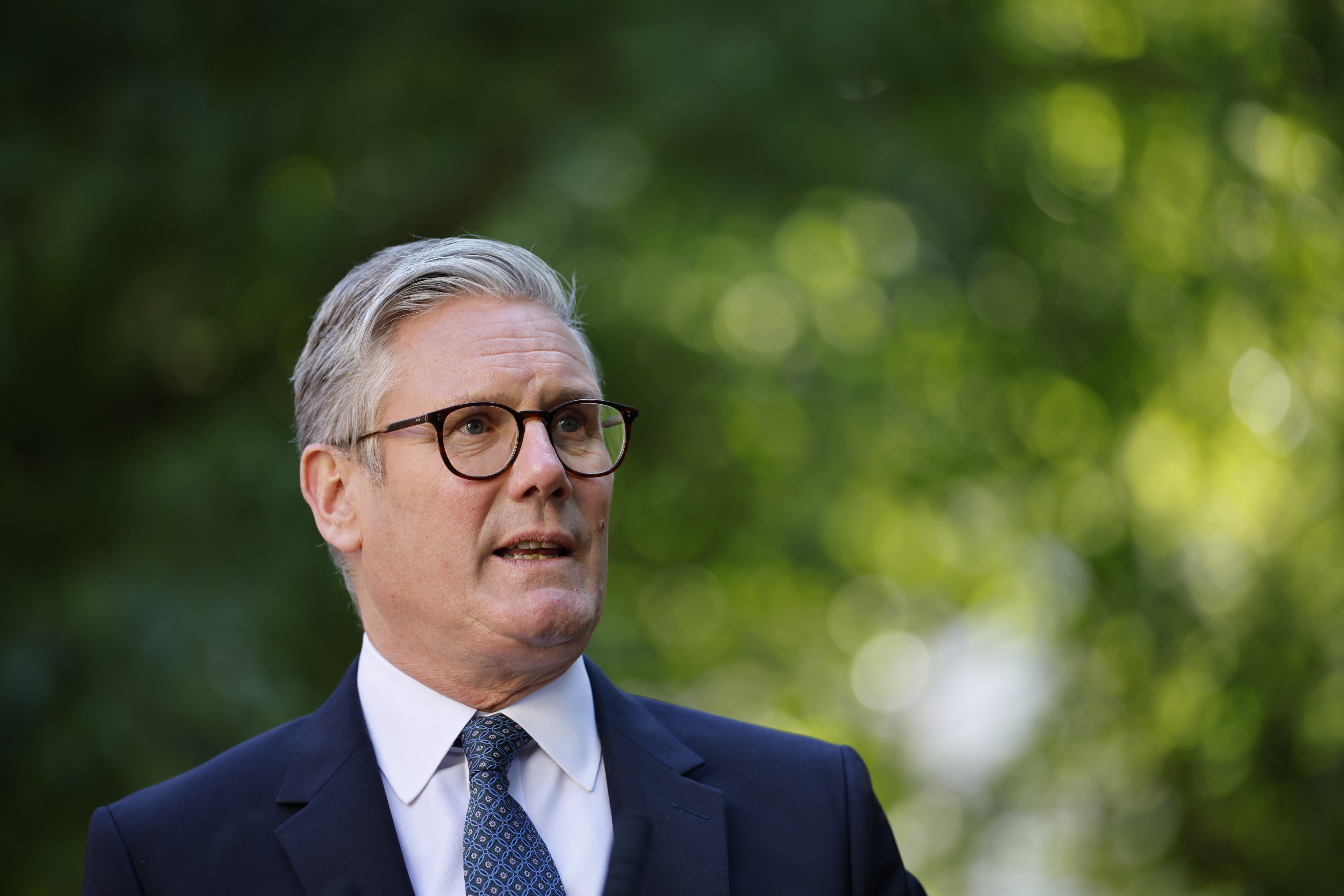 Britain’s Prime Minister Keir Starmer delivers a speech in the Downing Street Rose Garden in London on Monday. Photo: EPA-EFE