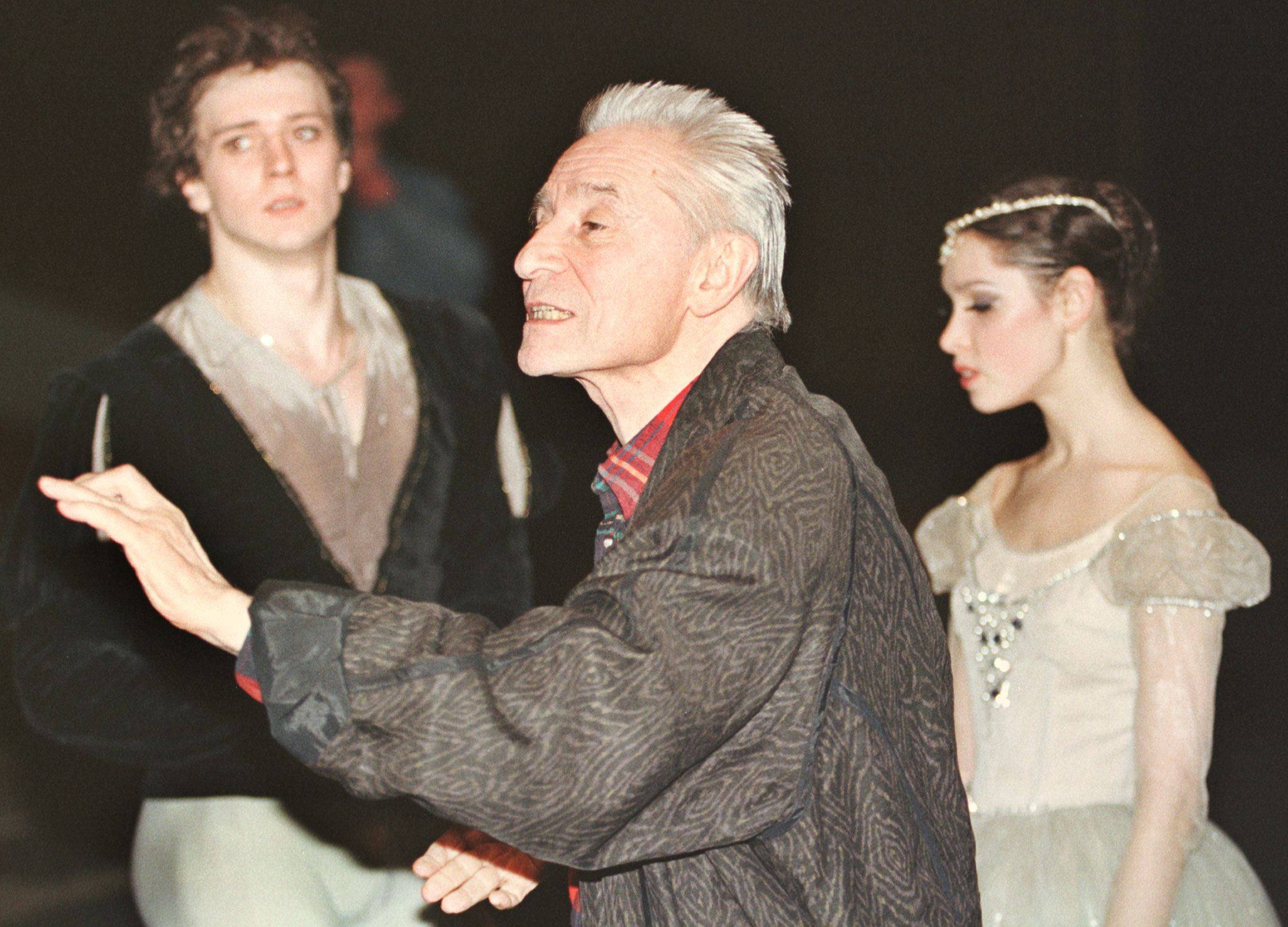 Yuri Grigorovich gestures on the stage of the State Kremlin Palace in Moscow in April 1999, giving last-minute instructions before the opening night of Romeo and Juliet by Russian composer Sergei Prokofiev. The legendary Russian choreographer has died aged 98. Photo: AFP