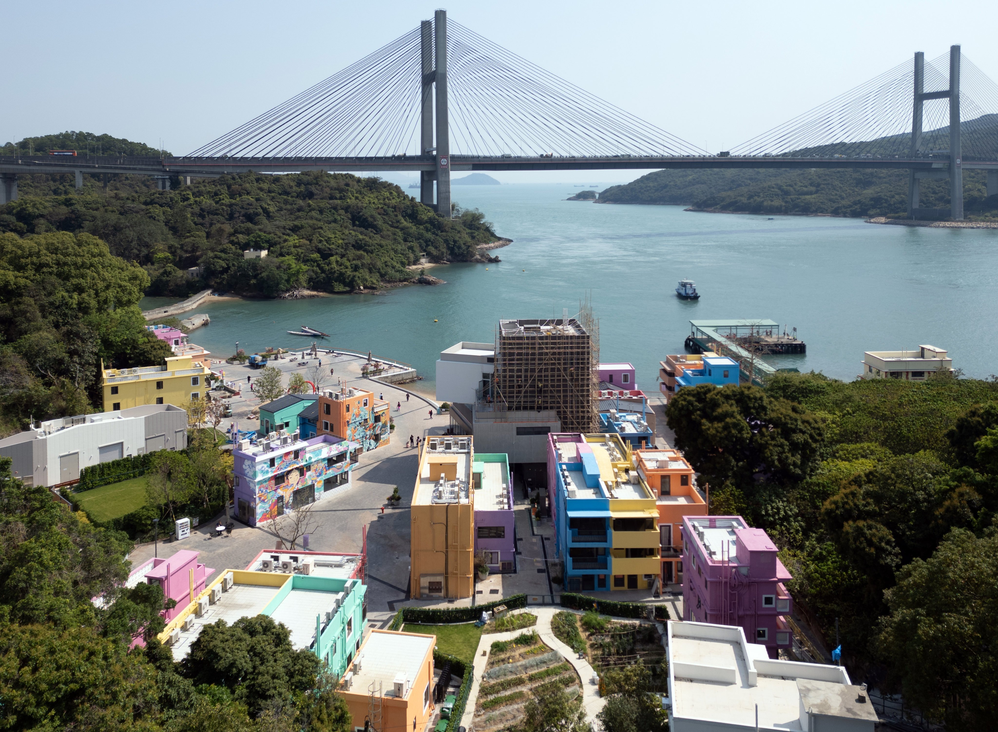 An aerial view of Ma Wan 1868, a colourful tourist attraction that has been dubbed “Little Italy”, and the Kap Shui Mun Bridge on March 19. Photo: Eugene Lee