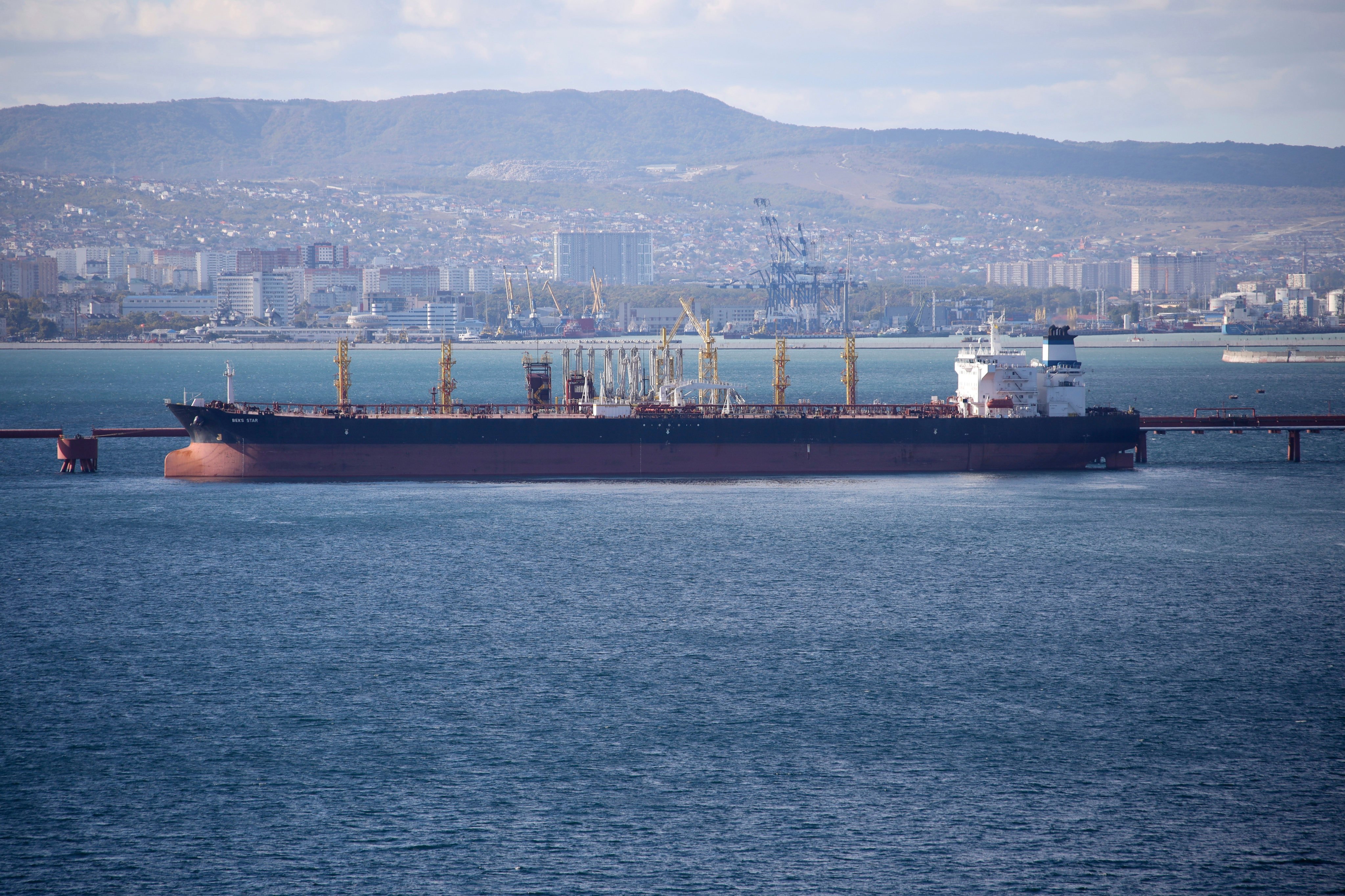 An oil tanker is moored at the Sheskharis complex in Novorossiysk, Russia, in October 2022. The latest sanctions are aimed mainly at cracking down on a shipping fleet that Russia uses to export oil. Photo: AP