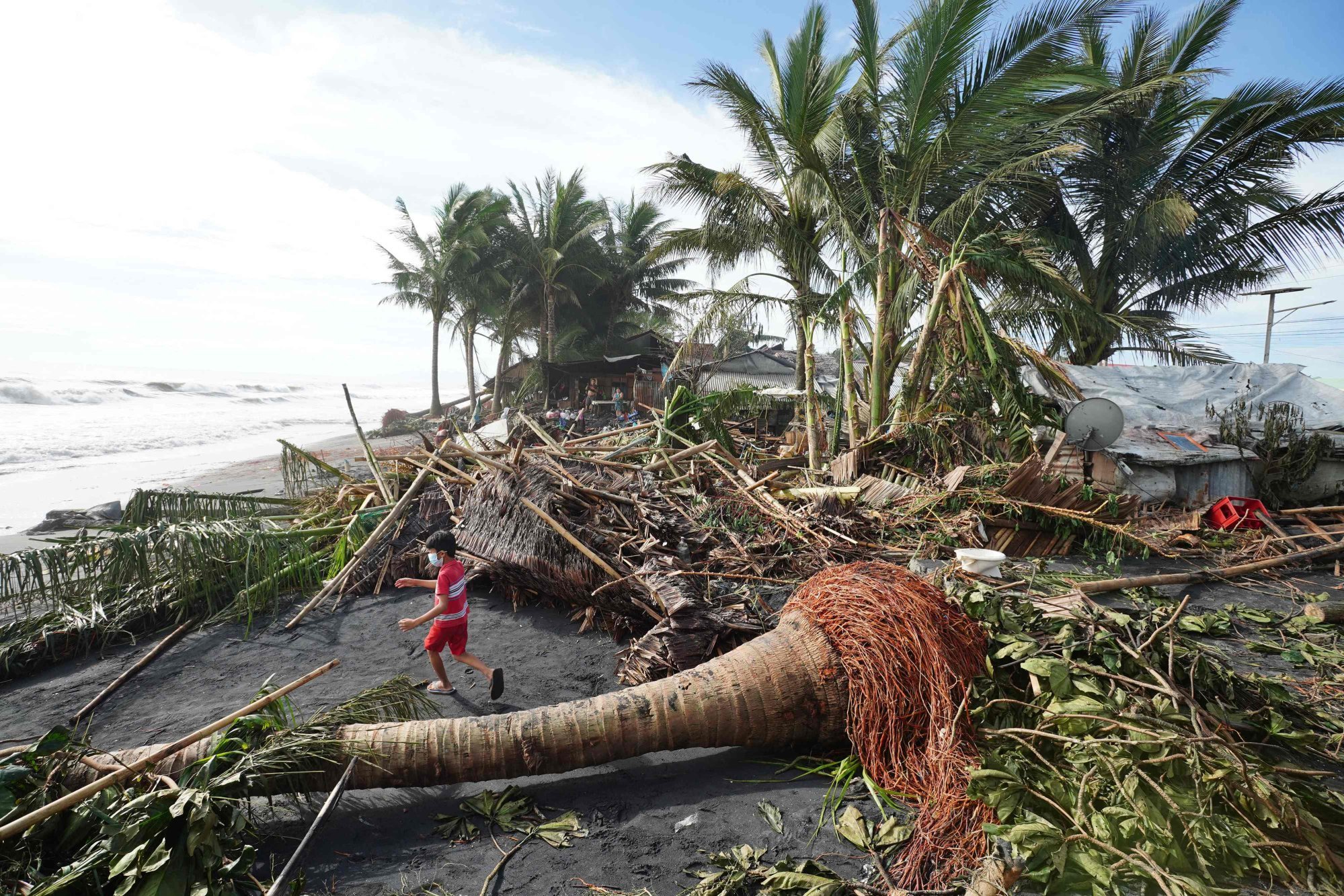 A child plays next to uprooted coconut and banana trees in the coastal town of Dulag in Leyte province in the Philippines on December 17, 2021, a day after Super Typhoon Rai hit. Photo: AFP A child plays next to uprooted coconut and banana trees in the coastal town of Dulag in Leyte province in the Philippines on December 17, 2021, a day after Super Typhoon Rai hit. Photo: AFP