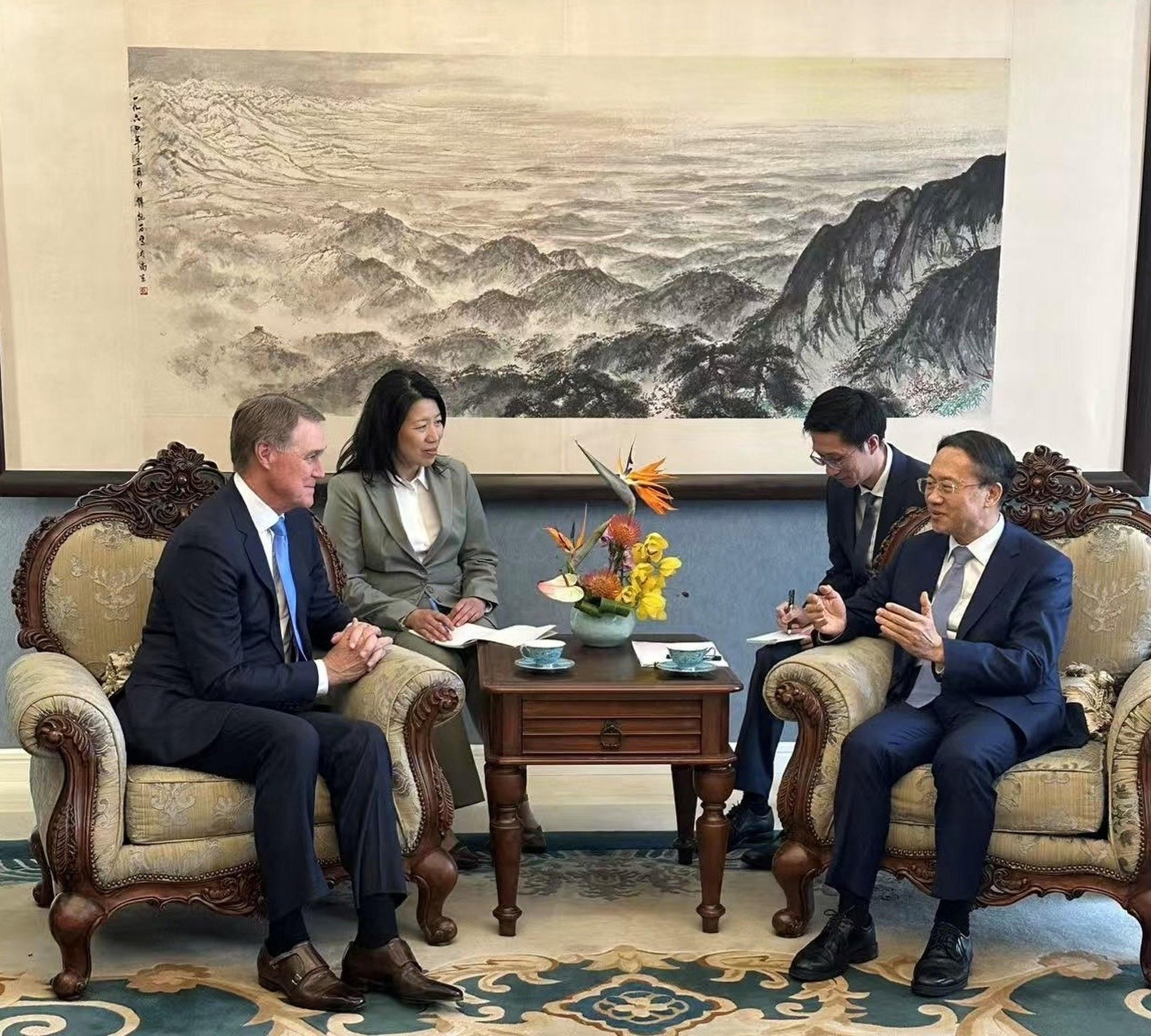 Chinese Foreign Vice-Minister Ma Zhaoxu (right), shown here with US ambassador to China David Perdue (left) in Beijing on Tuesday, says he hopes the US “will meet China halfway” to promote stable ties. Photo: X/USAmbChina
