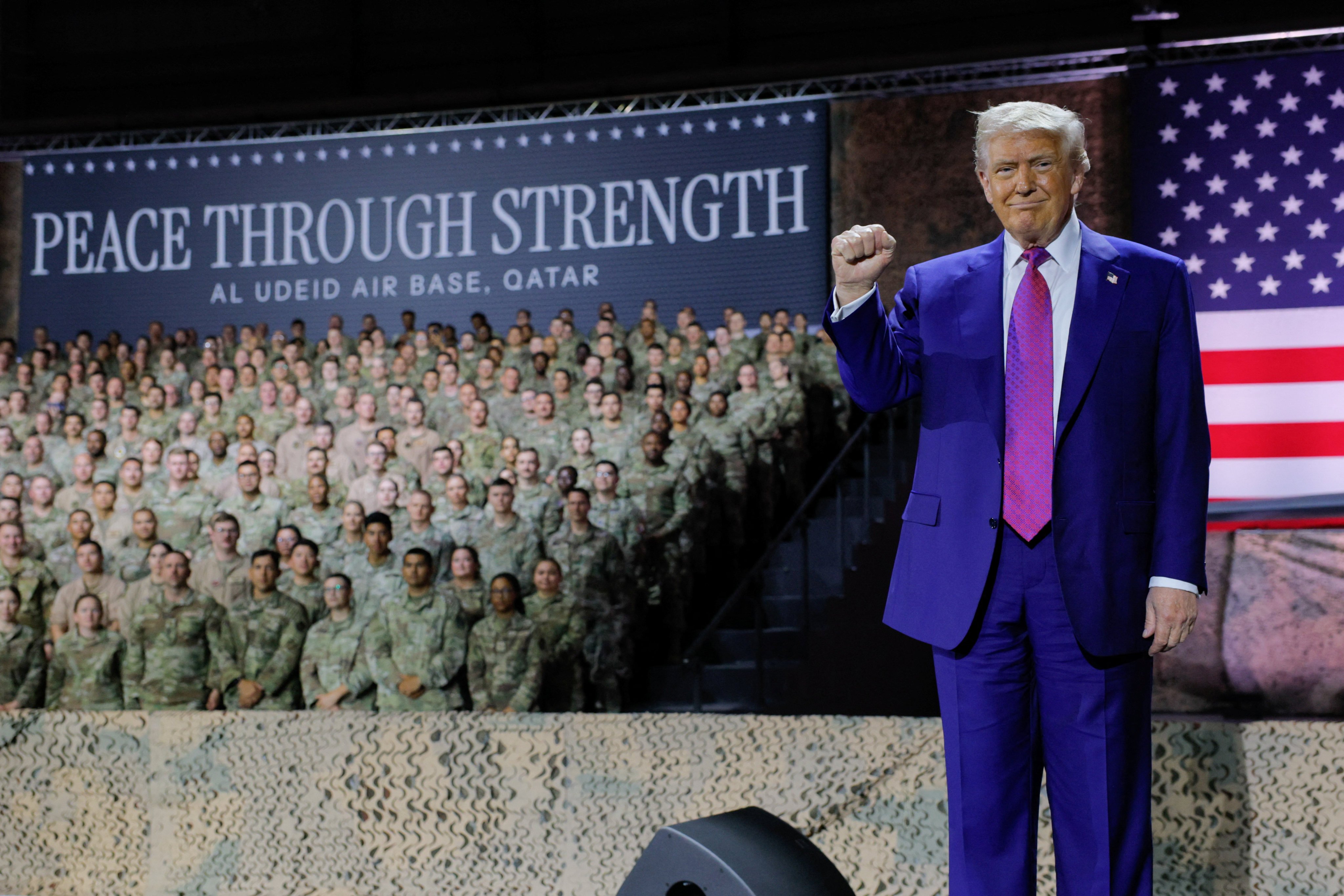 President Donald Trump visits US troops at the Al Udeid Air Base in Doha, Qatar, on May 15. Photo: Reuters