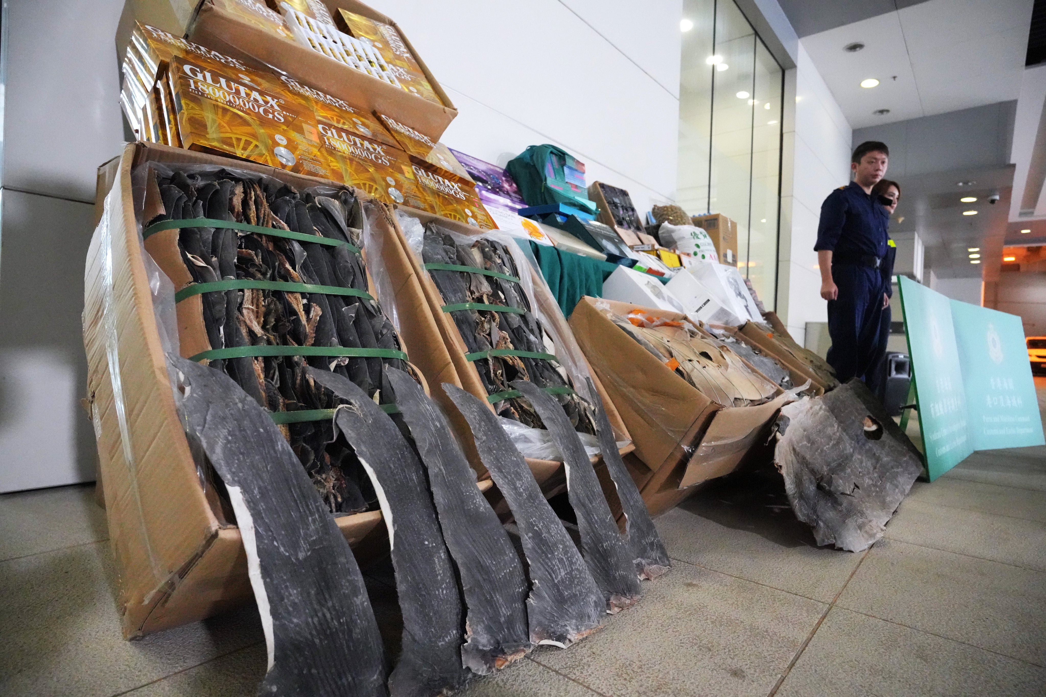 Some HK$28 million worth of undeclared items, including dried shark fins and alternative smoking products were seized from the Macau-bound vessel. Photo: May Tse