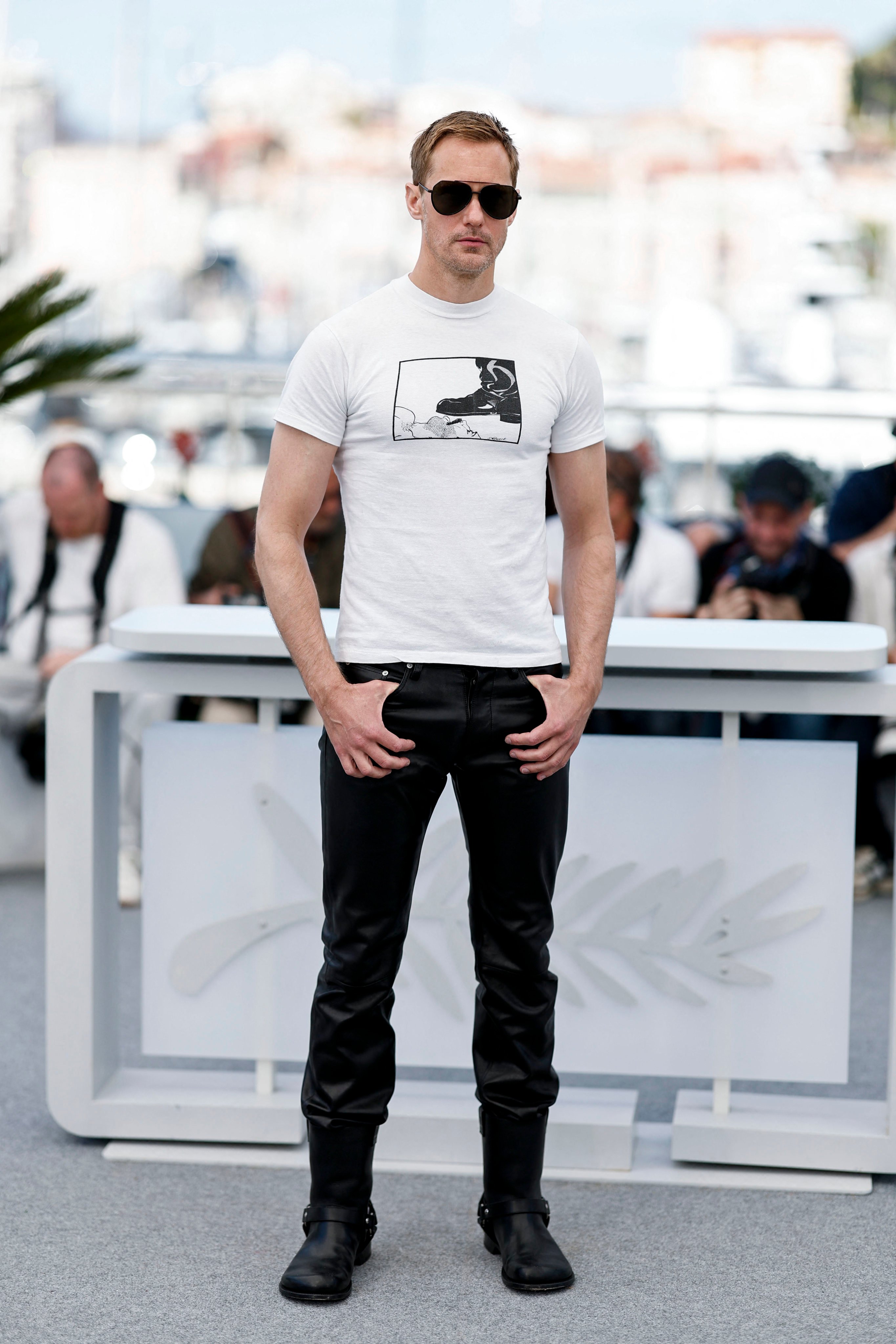 Alexander Skarsgård for Pillion photocall at Cannes 2025; the Swedish actor is embracing method dressing. Photo: Reuters