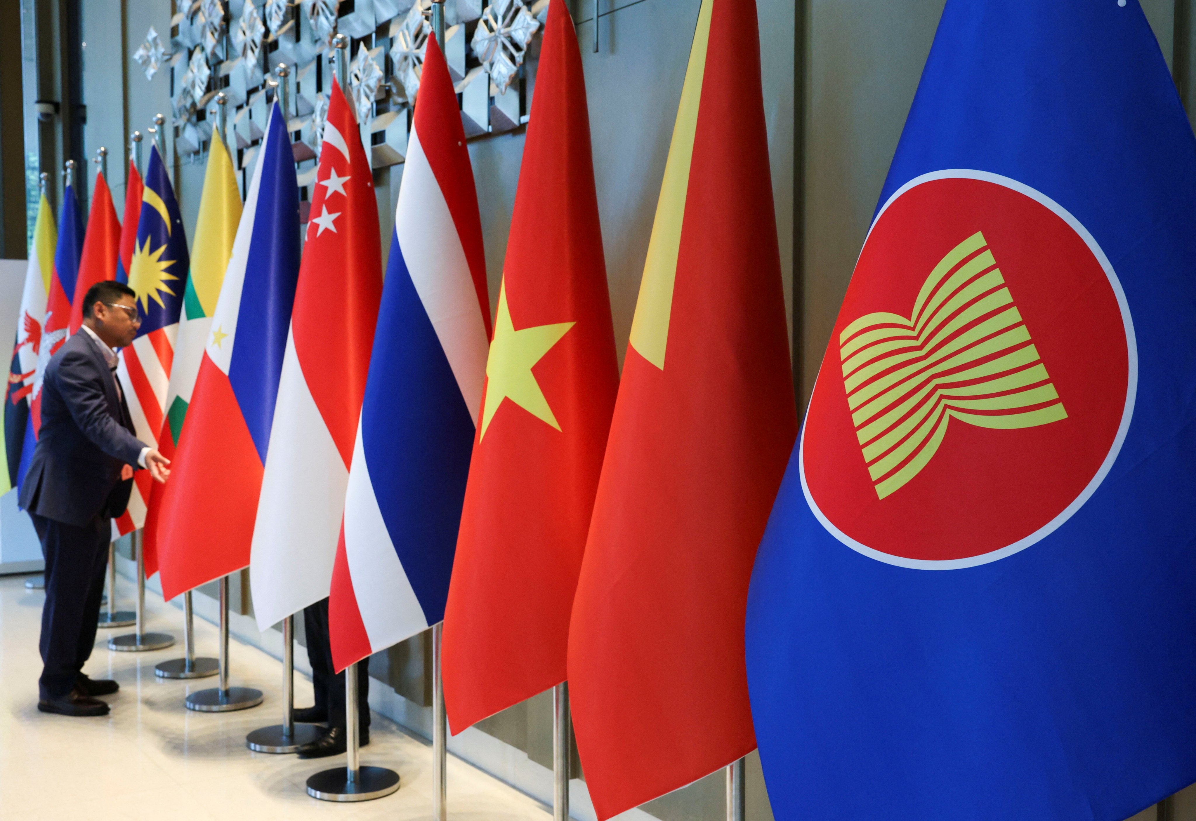 The ASEAN flag is placed alongside the flags of its member countries in Langkawi, Malaysia, January 17, 2025. Photo: Reuters