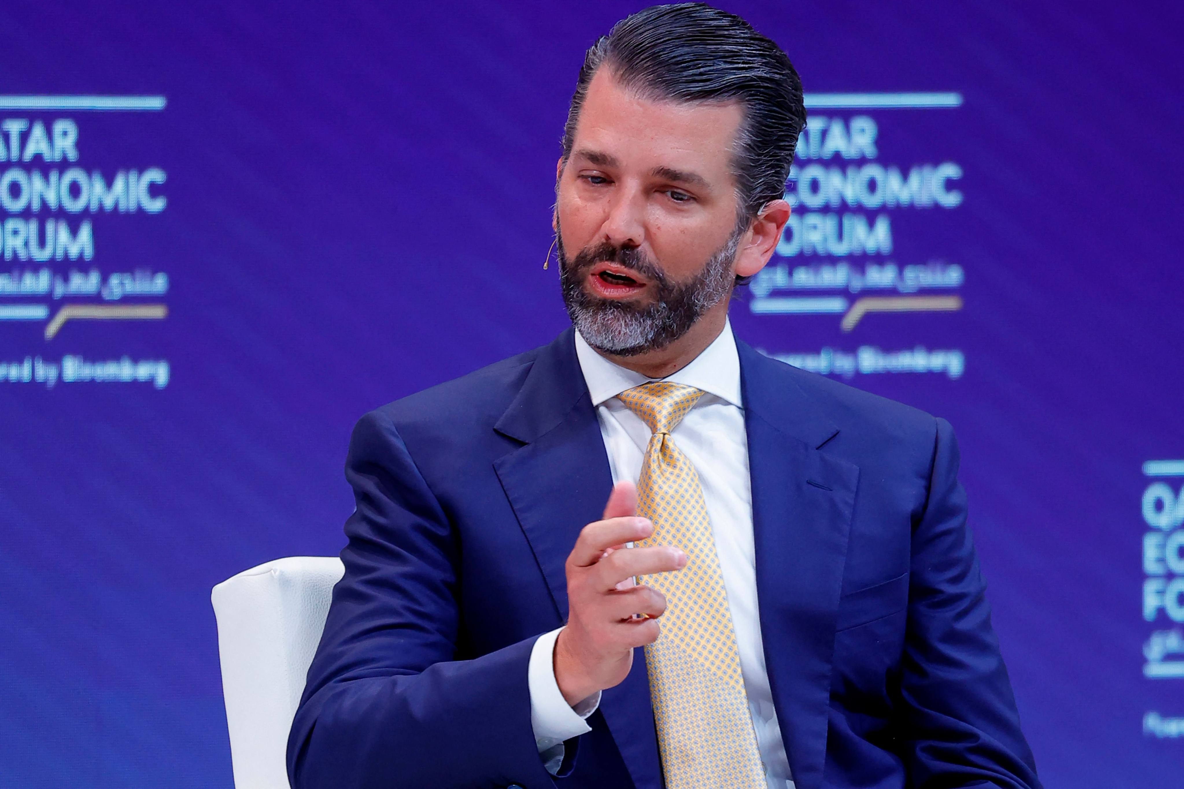 Donald Trump Jnr speaks at the Qatar Economic Forum in Doha on Wednesday. Photo: AFP