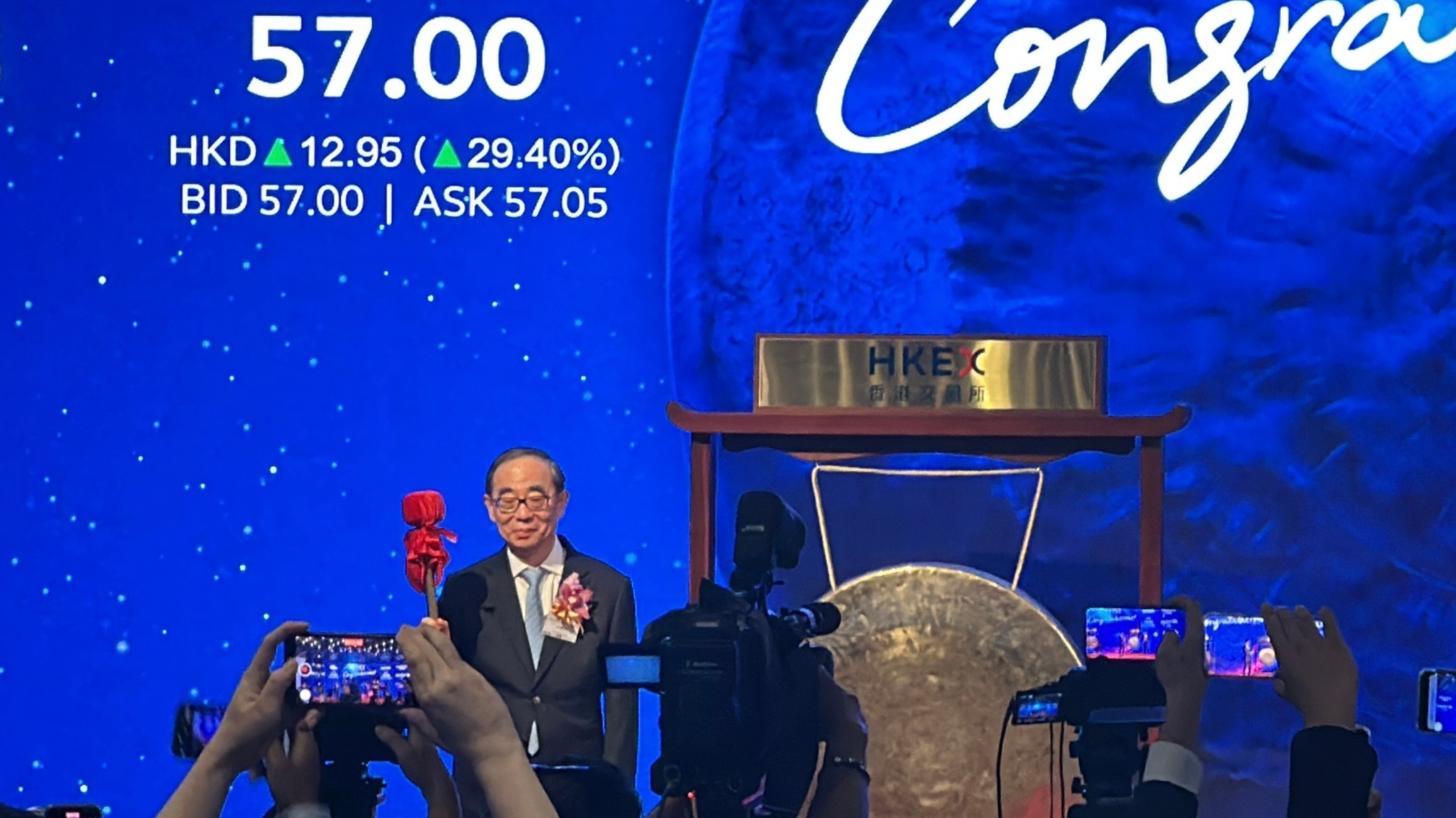 Sun Piaoyang, chairman of Hengrui, at the company’s trading debut on the Hong Kong stock exchange on Friday. Photo: Aileen Chuang