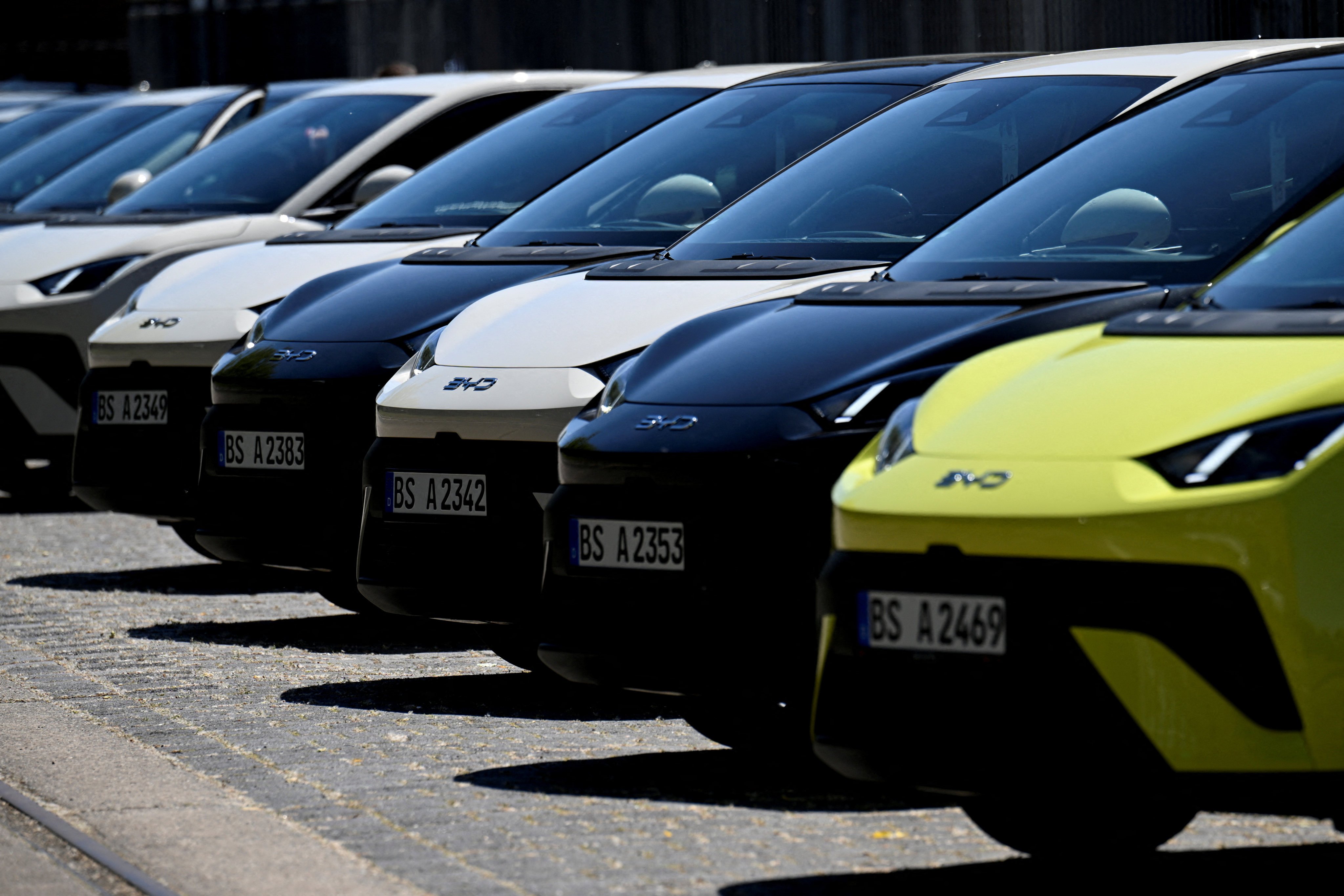 BYD Dolphin Surf EVs are parked at the Chinese carmaker’s event in Berlin, Germany, on Wednesday. Photo: Reuters