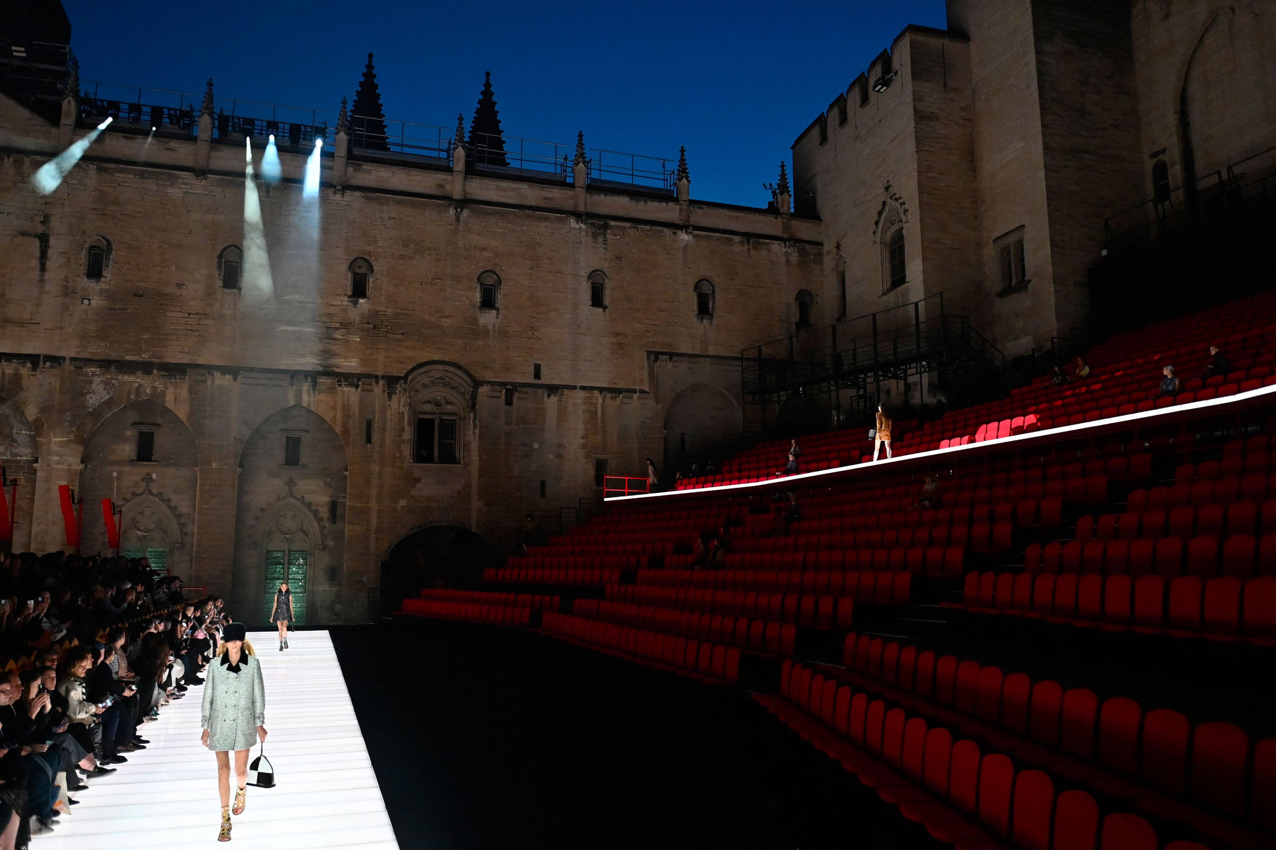 Held at the Palais des Papes in France, Nicolas Ghesquière’s Louis Vuitton cruise 2026 show treated front-row guests Emma Stone and Cate Blanchett to visions of “female knights” and a courtly theme. Photo: AFP