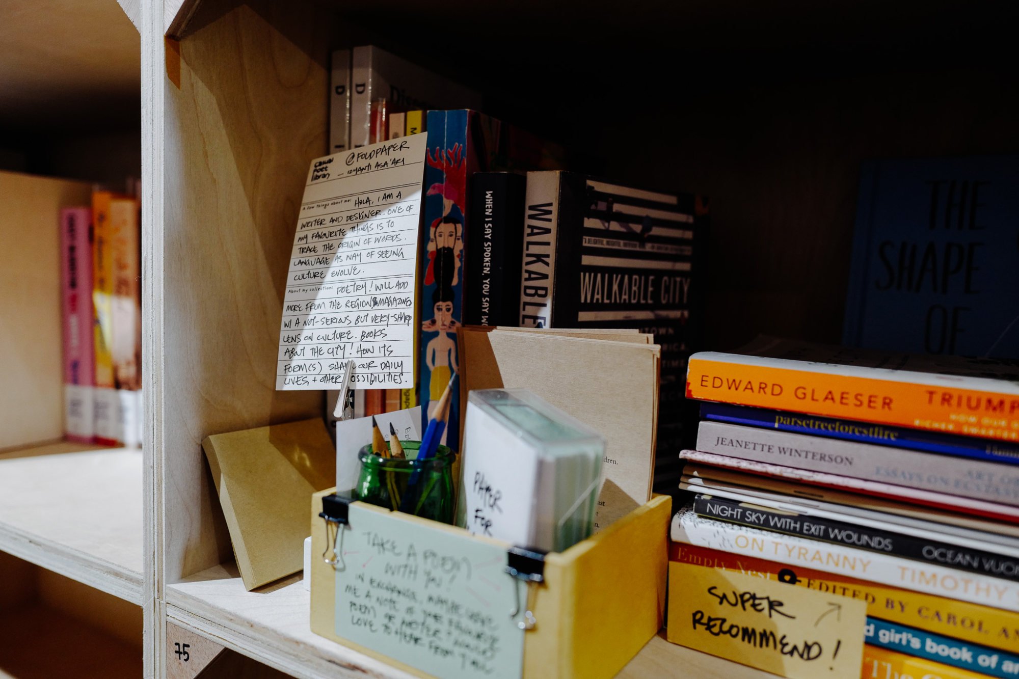 Bookshelves in Casual Poet Library are often accompanied by self-introductions or personal notes encouraging interactions with visitors. Photo: Rebecca Toh Bookshelves in Casual Poet Library are often accompanied by self-introductions or personal notes encouraging interactions with visitors. Photo: Rebecca Toh