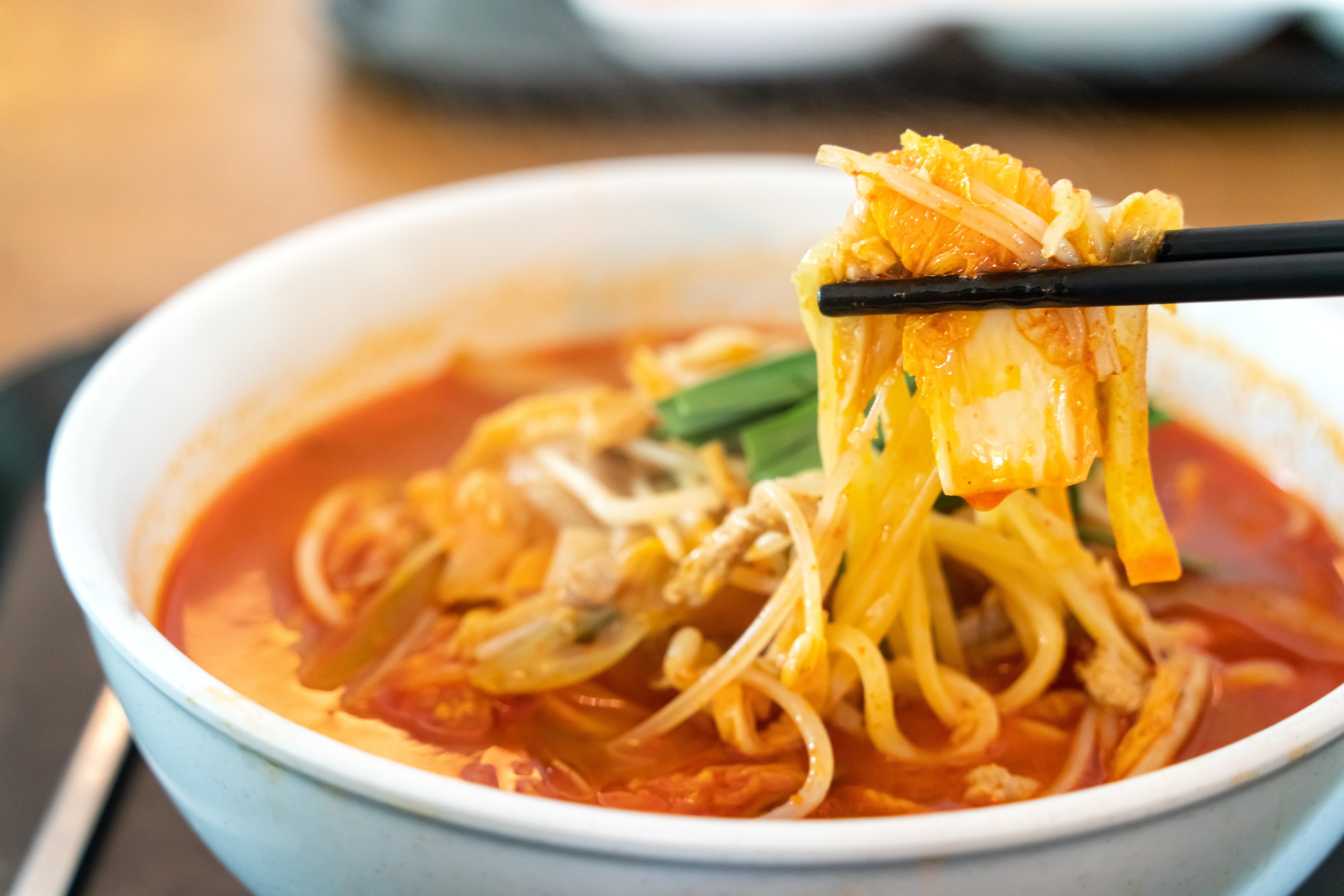 Jjambbong is a spicy red Korean-Chinese Korean seafood noodle soup with kimchi broth. Photo: Shutterstock