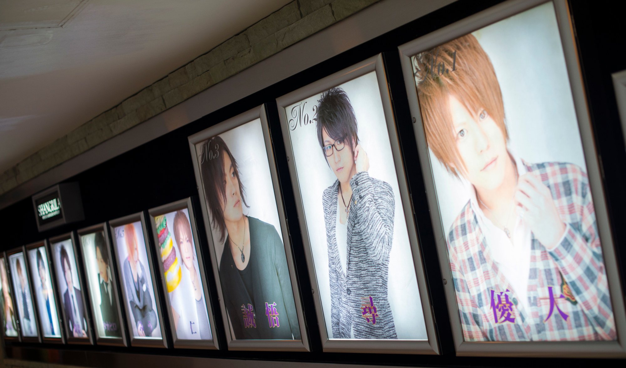 Photos of hosts and their weekly ranking line the entranceway to Shangrila host Club in Shinjuku, Tokyo, Japan. Photo: Rob Gilhooly Photos of hosts and their weekly ranking line the entranceway to Shangrila host Club in Shinjuku, Tokyo, Japan. Photo: Rob Gilhooly