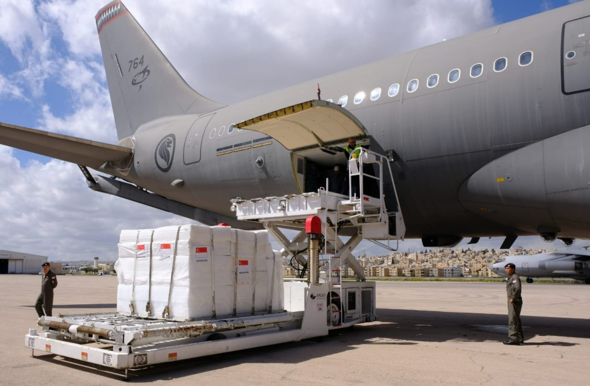 Singapore’s humanitarian aid for Gaza is unloaded from an air force plane in Amman, Jordan, on March 17 last year. Photo: Singapore Ministry of Defence Singapore’s humanitarian aid for Gaza is unloaded from an air force plane in Amman, Jordan, on March 17 last year. Photo: Singapore Ministry of Defence