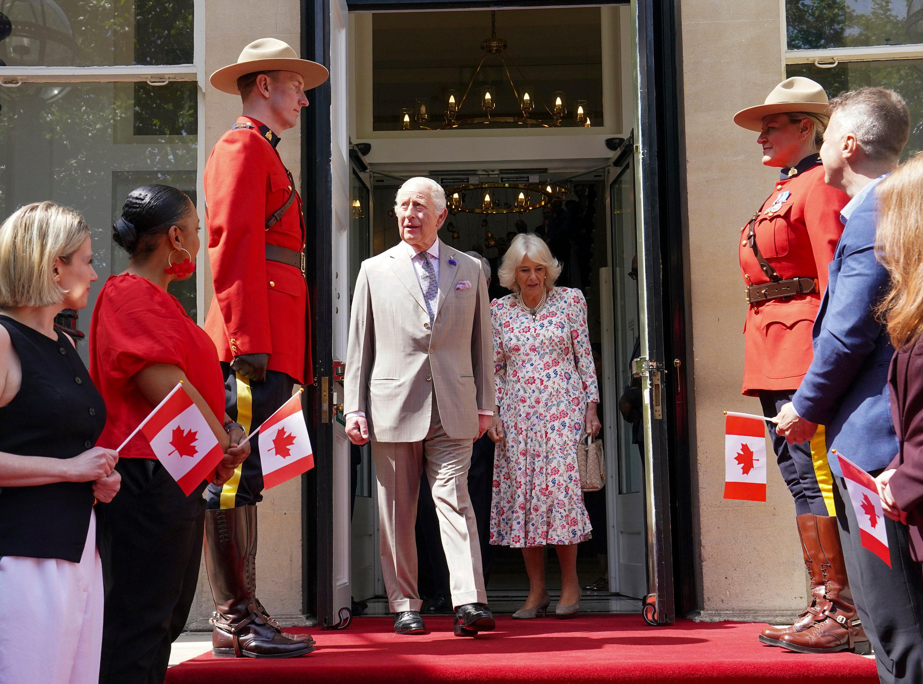 King Charles III and Queen Camilla leave Canada House after a visit to mark the 100th anniversary of Canada House at Canada House, in London on Tuesday. Photo: TNS