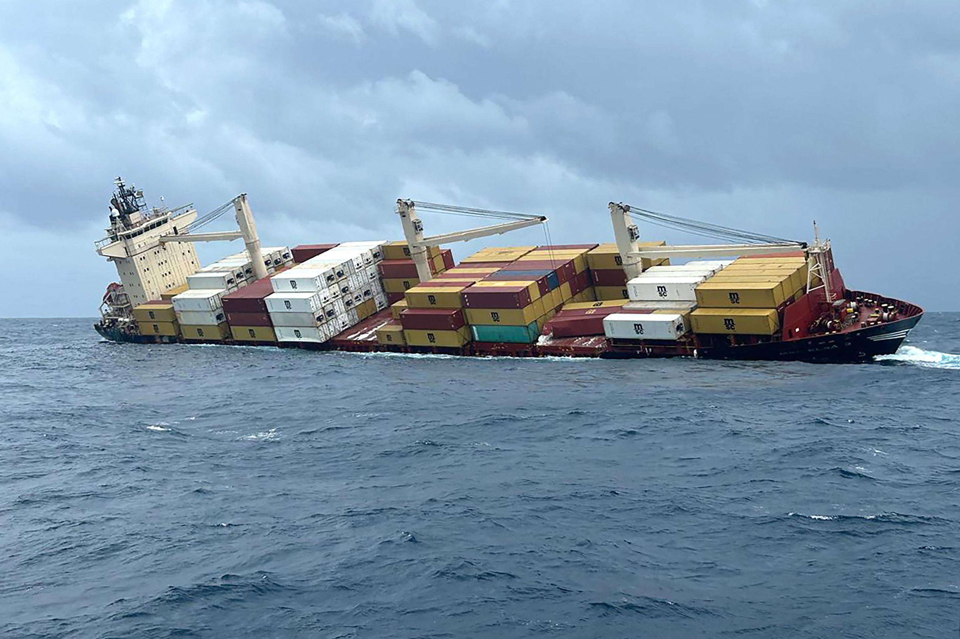 A Liberian-flagged container ship with hazardous cargo on board is seen sinking off India’s southern coast of Kerala on Sunday. Photo: Indian Defence Public Relations Office of Mumbai / AFP