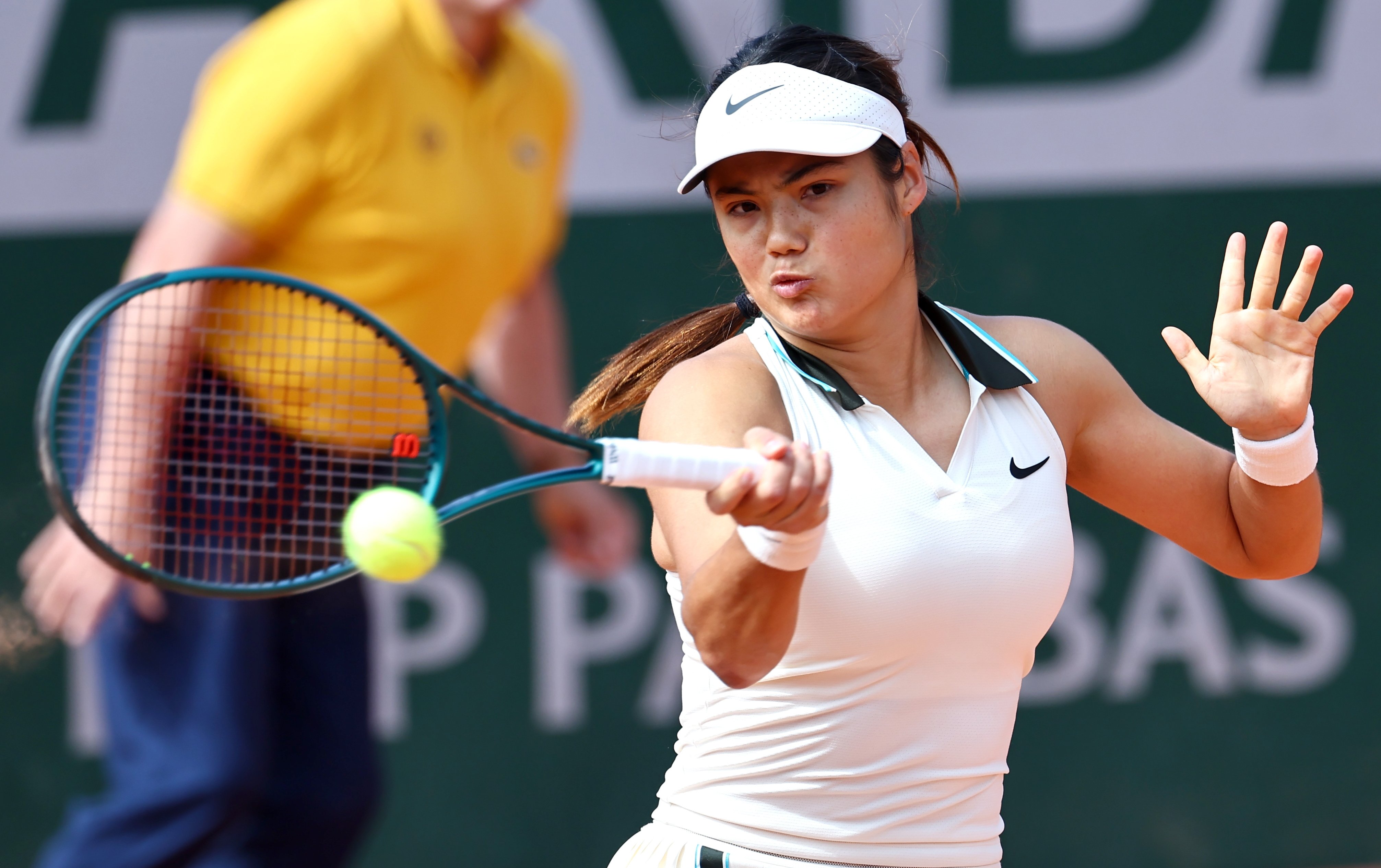 Emma Raducanu on her way to victory over Wang Xinyu in the opening round at Roland Garros. Photo: EPA-EFE