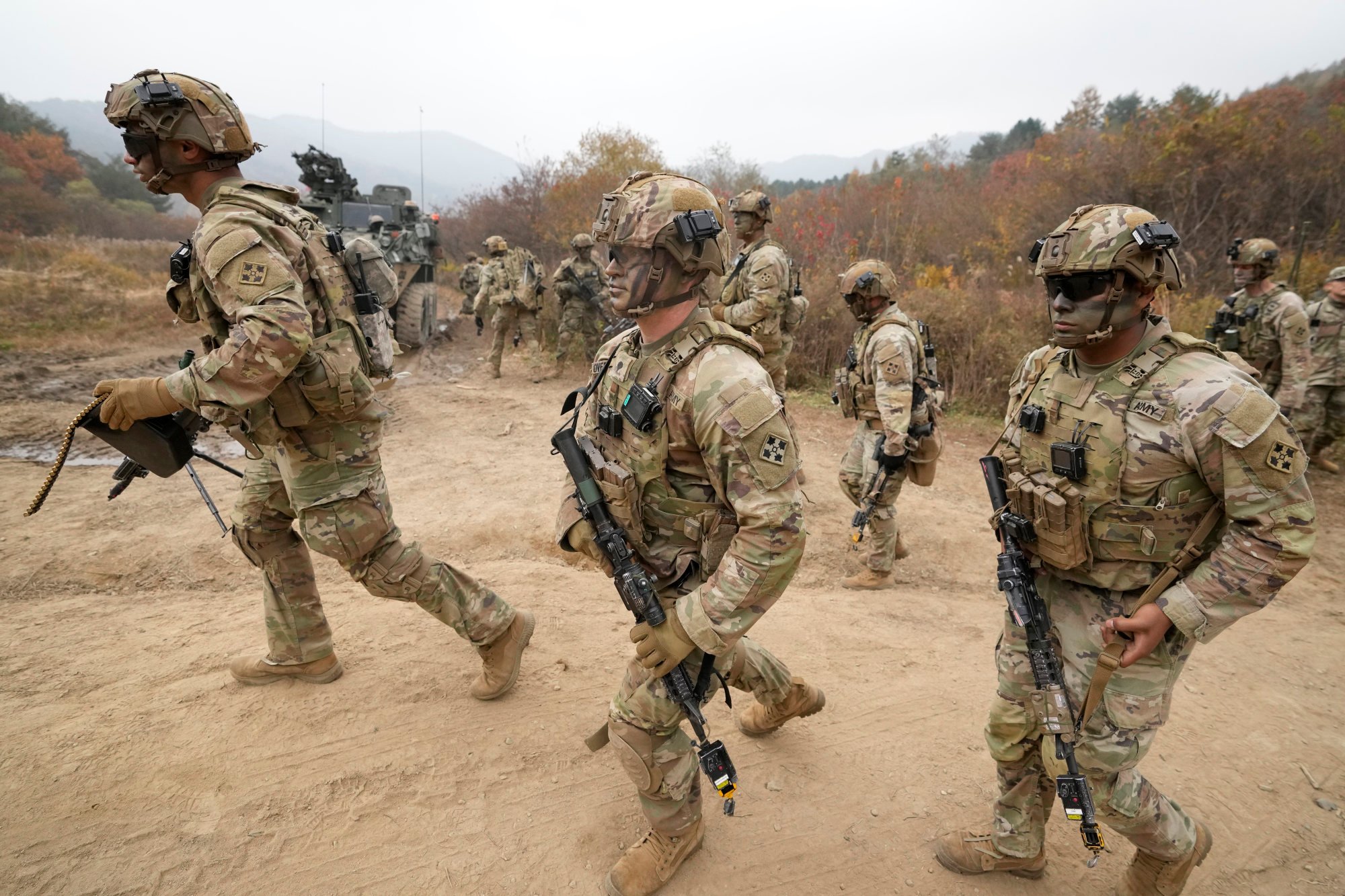 US soldiers from the 2nd Stryker Brigade take part in a joint combat demonstration in Inje, South Korea, on October 26, 2023, as part of an event marking the 70th anniversary of the South Korea-US alliance. Photo: AP US soldiers from the 2nd Stryker Brigade take part in a joint combat demonstration in Inje, South Korea, on October 26, 2023, as part of an event marking the 70th anniversary of the South Korea-US alliance. Photo: AP