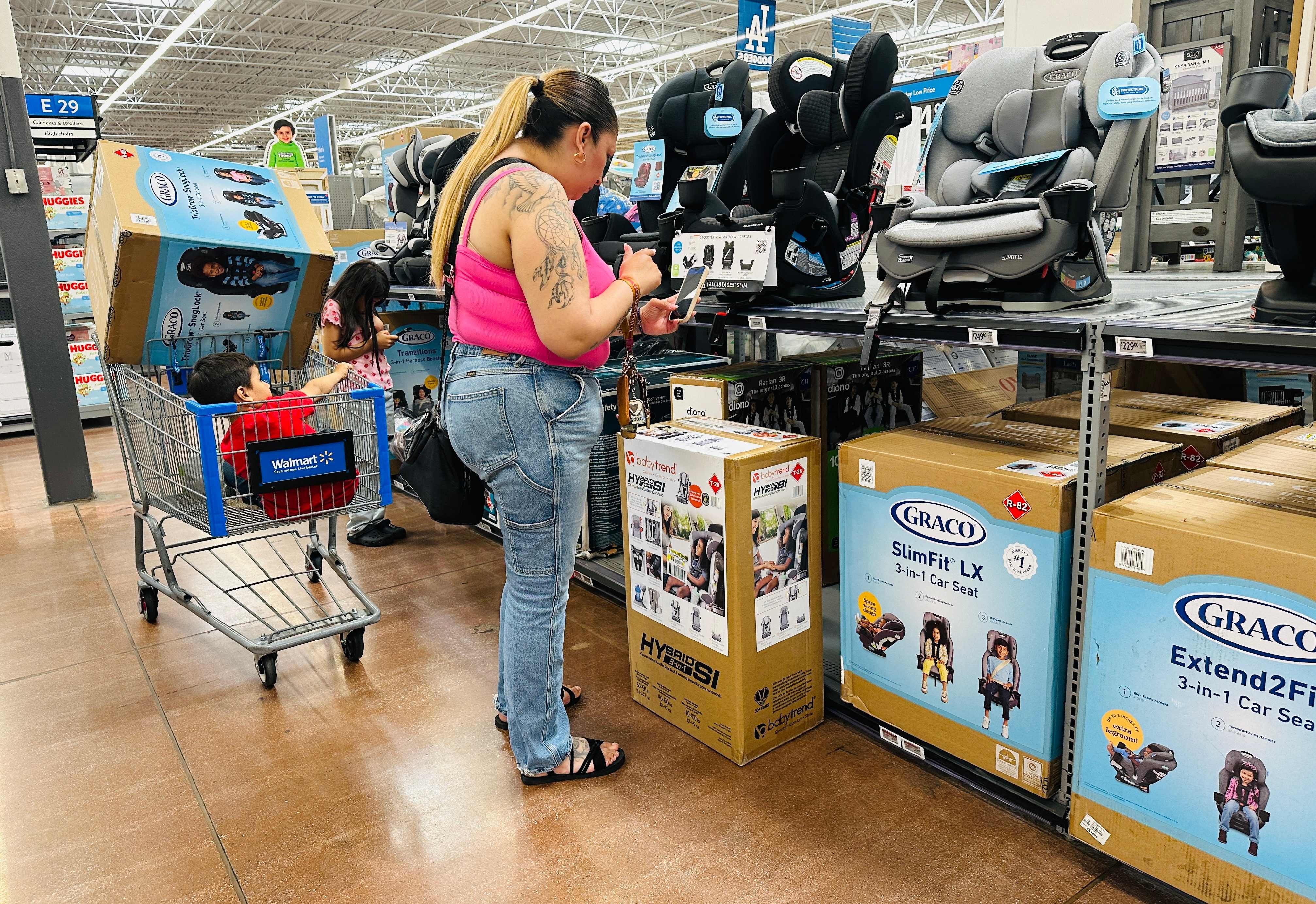 A woman shops for car seats, all made in China, at a Walmart in Rosemead, California, on April 11. US consumer inflation cooled slightly in April, but analysts warned prices could spike in the coming months as businesses grapple with US President Donald Trump’s sweeping “Liberation day” tariffs. Photo: AFP