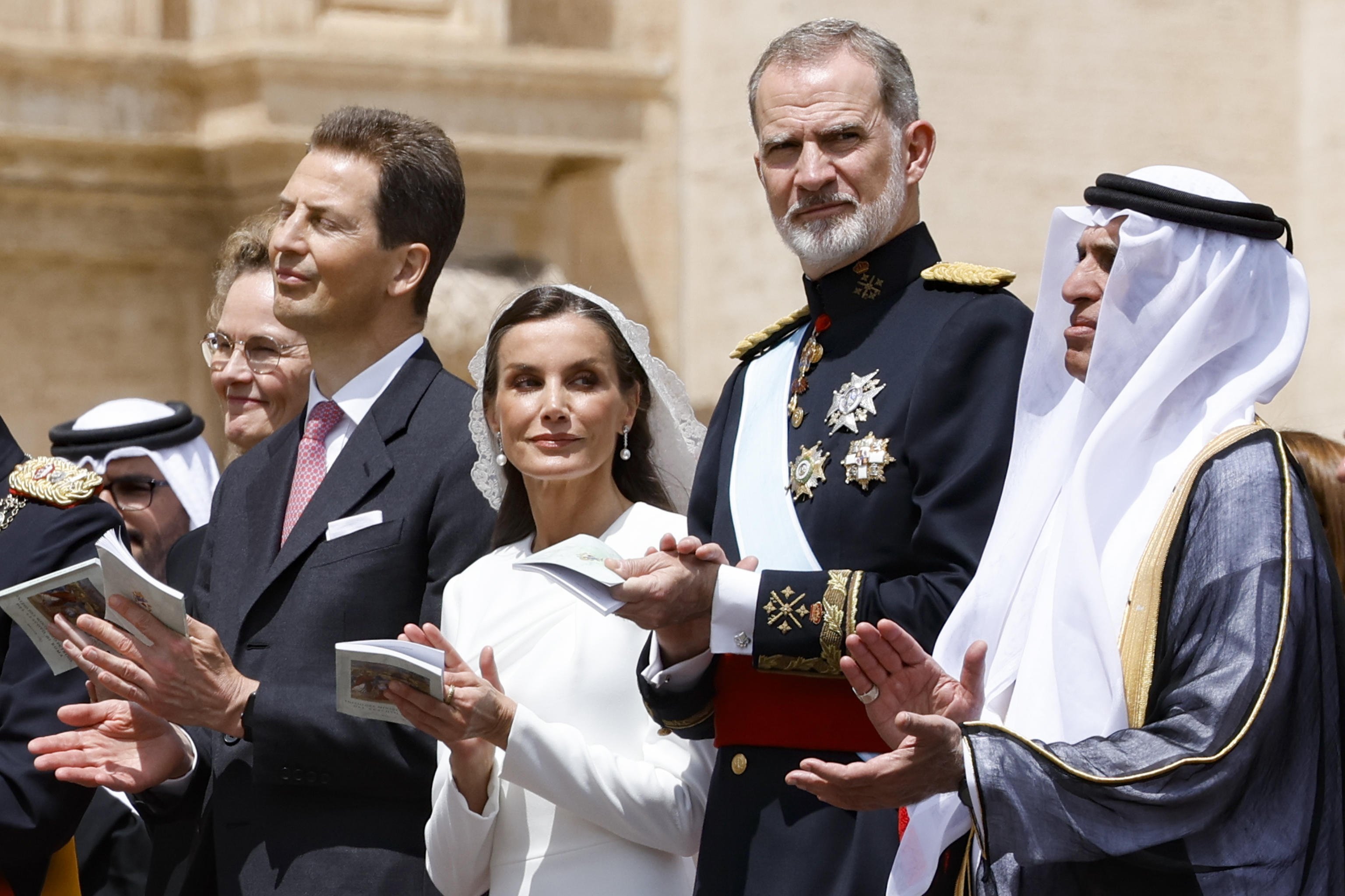 Spain’s Queen Letizia (centre) and King Felipe VI (second from right), and member of the UAE Supreme Council and Ruler of Ras Al Khaimah, Sheikh Saud bin Saqr al Qasimi (right), attend the inaugural mass of Pope Leo XIV on May 18. Photo: EPA-EFE