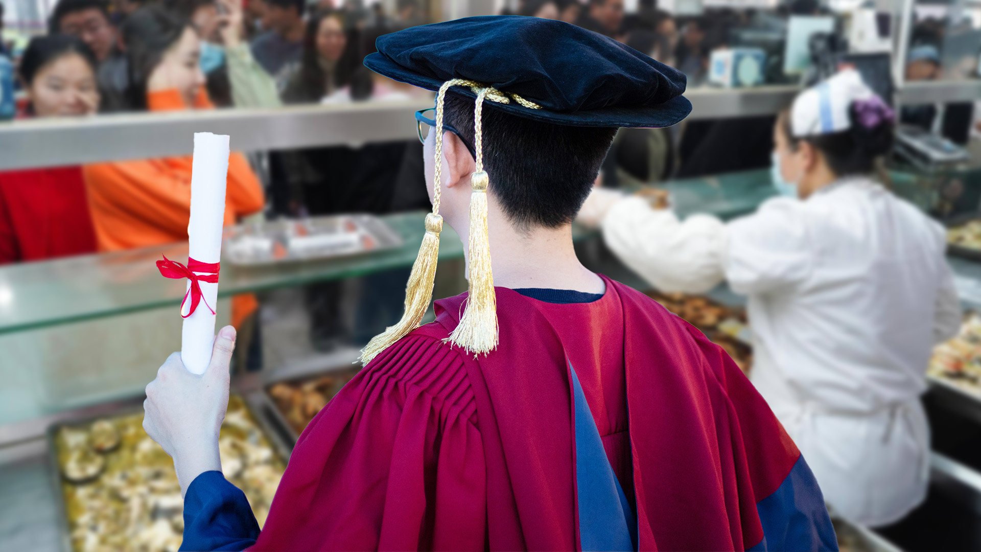 A Chinese university canteen has ignited a robust debate online by requiring candidates for the office manager position to hold a PhD degree. Photo: SCMP composite/Shutterstock/Sohu