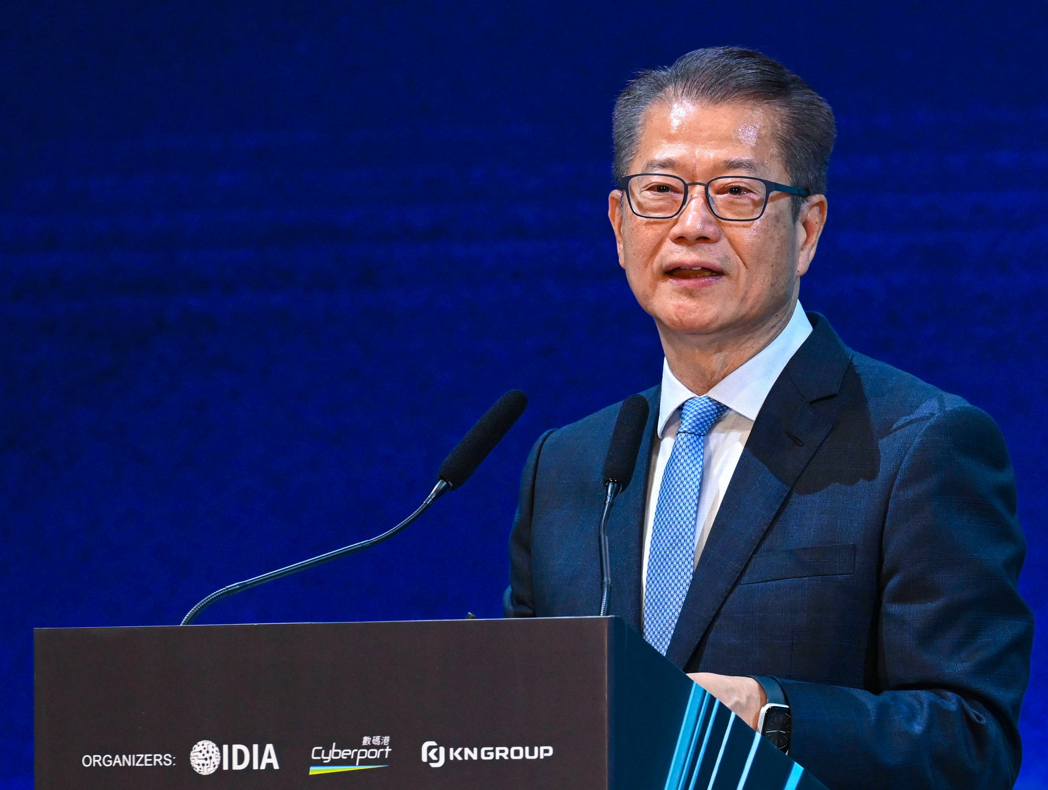 Financial Secretary Paul Chan Mo-po speaks at the International Data Industry Alliance Global Summit on May 27, 2025 at Cyberport in Hong Kong. Photo: ISD