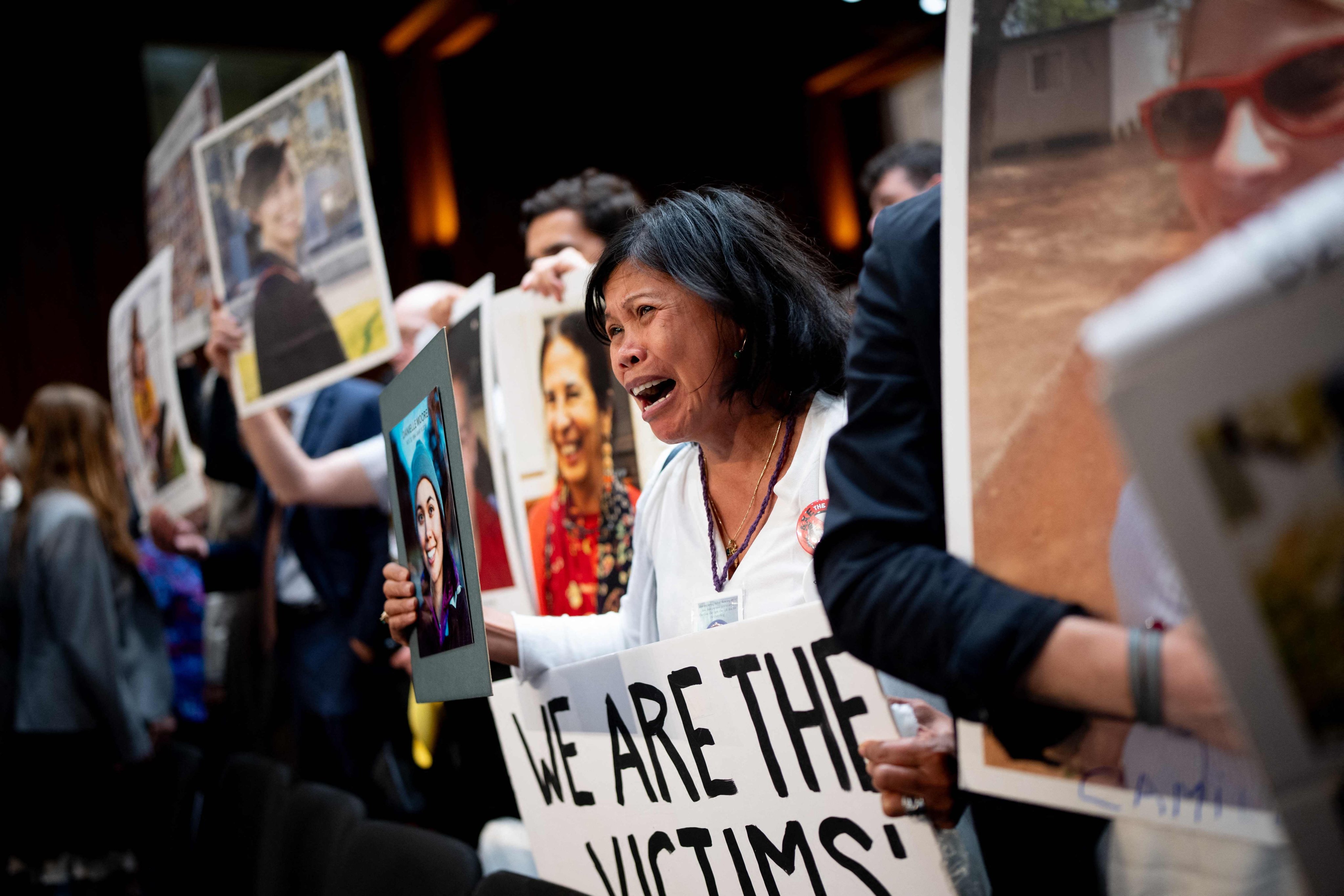 Family members of those killed in the Ethiopian Airlines flight 302 and Lion Air flight 610 crashes protest against Boeing at a hearing in Washington last year on the airline’s broken safety culture. Photo: Getty Images/AFP