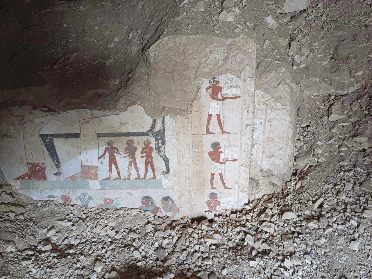 Hieroglyphs are revealed in the three new graves of senior statesmen found in the Dra’ Abu al-Naga necropolis area in Luxor, Egypt. Photo: Egypt Ministry of Tourism and Antiquities via AP