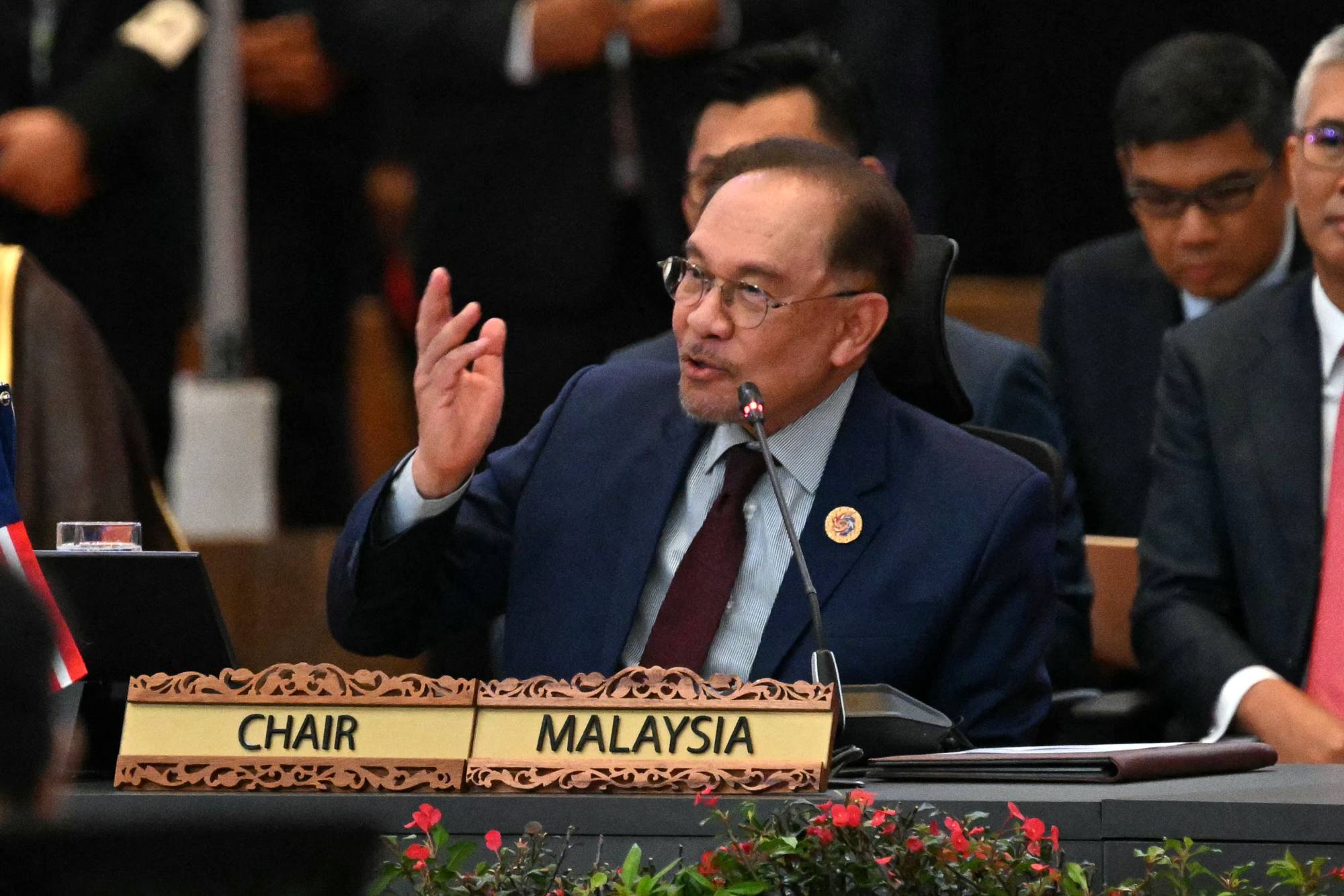 Malaysia’s Prime Minister Anwar Ibrahim during the Asean-GCC summit in Kuala Lumpur on Tuesday. Anwar has defended his engagement of Myanmar’s junta leader as a necessary risk. Photo: AFP Malaysia’s Prime Minister Anwar Ibrahim during the Asean-GCC summit in Kuala Lumpur on Tuesday. Anwar has defended his engagement of Myanmar’s junta leader as a necessary risk. Photo: AFP
