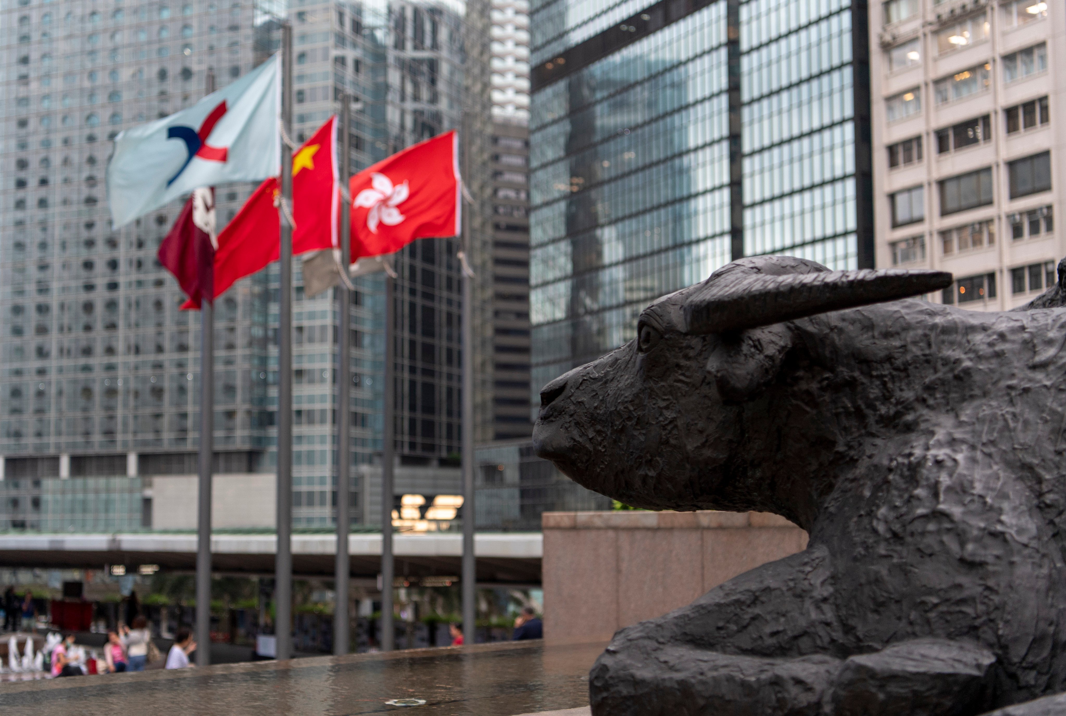 The bronze bulls in front of the Hong Kong stock exchange at Exchange Square in Central on May 30, 2019. File photo: Warton Li