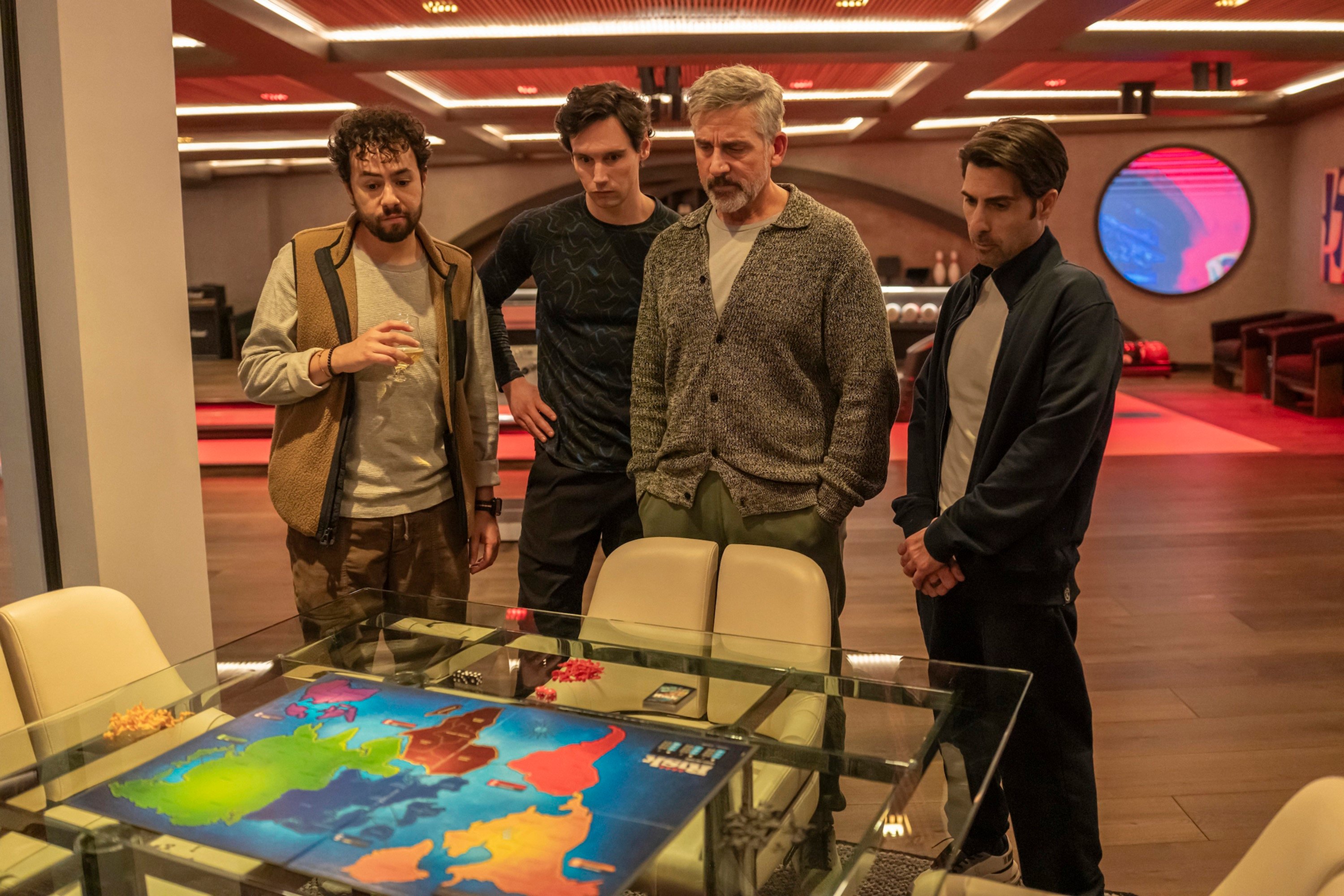 From left: Ramy Youseff,  Cory Michael Smith, Steve Carell and Jason Schwartzman as tech bros in a still from Mountainhead, Succession creator Jessie Armstrong’s new film on HBO. Photo: TNS