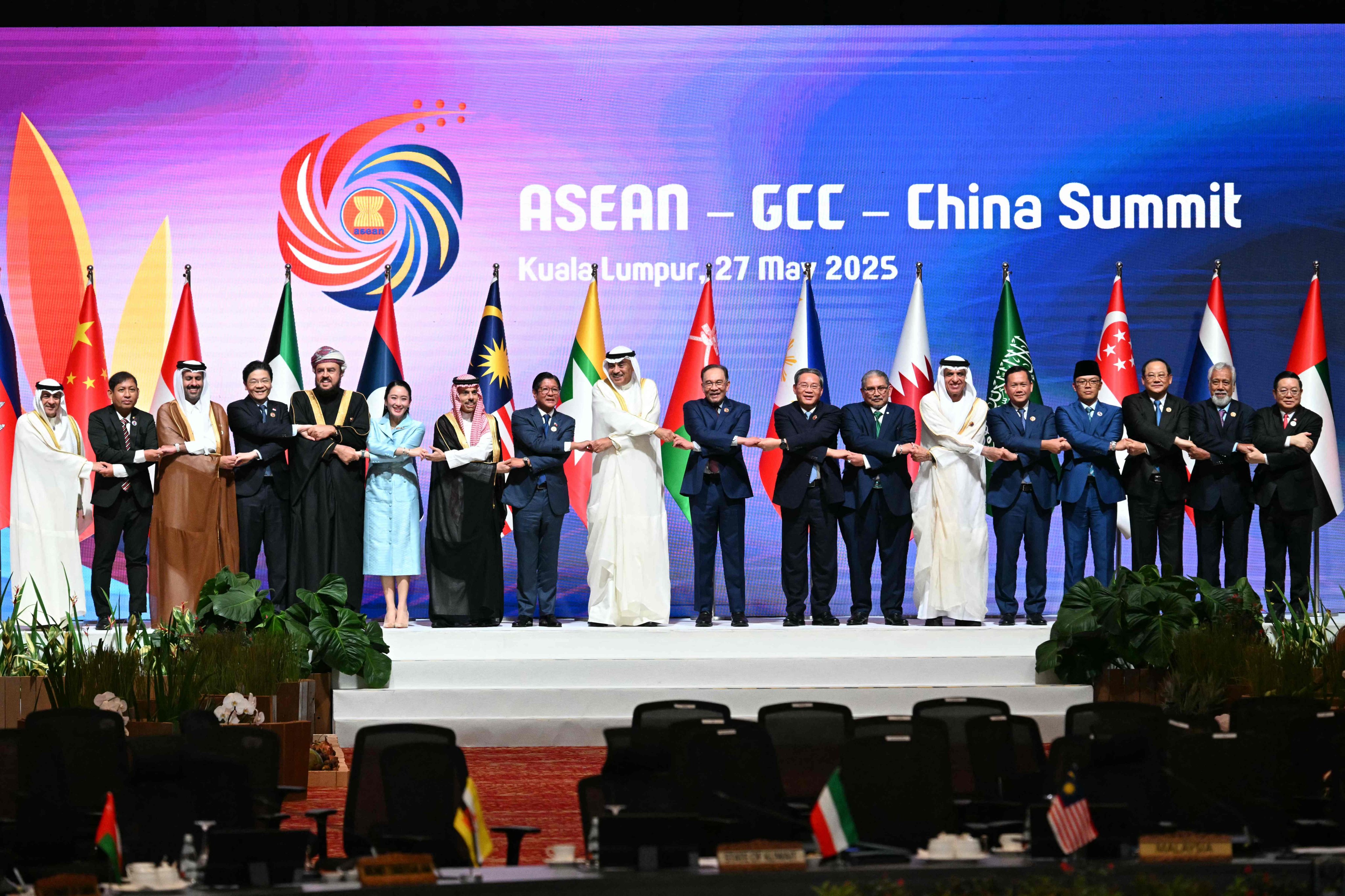 Leaders from China, Southeast Asia and the Gulf states pose for a photo at an inaugural forum bringing together the three sides in Kuala Lumpur, Malaysia, on Tuesday. Photo: AFP
