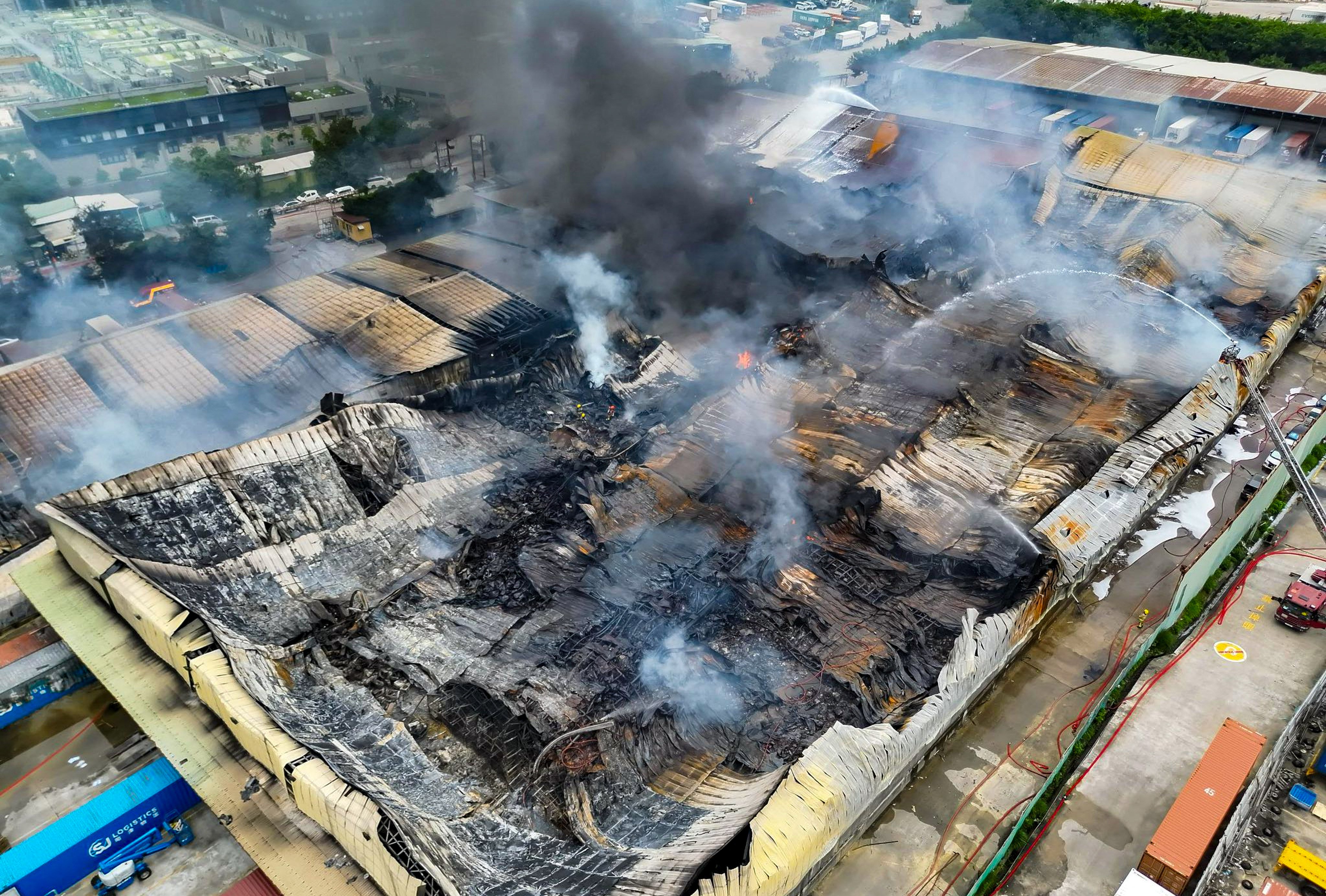 Hong Kong’s Fire Services Department say the fire at the warehouse on Ha Tsuen Road was largely extinguished at around 10am on Wednesday. Photo: Handout